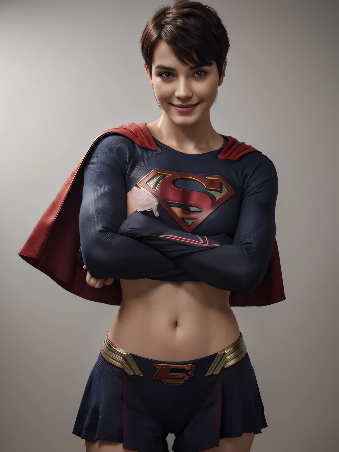 8k, RAW photo, best quality, ultra high resolution, photorealistic, (slim) girl with black purple short undercut haircut, eye makup, smiling, neutral background, standing, funny, supergirl suit, red cape