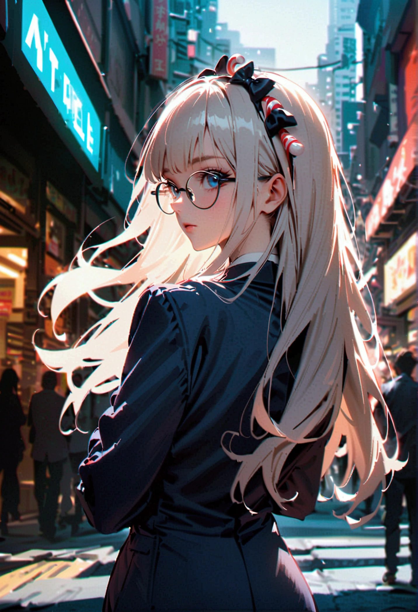 A white-haired woman with bangs, long hair, a black bow on her head, a blue suit, wearing round black glasses with candy canes, her back turned halfway in the middle of the city during the day.