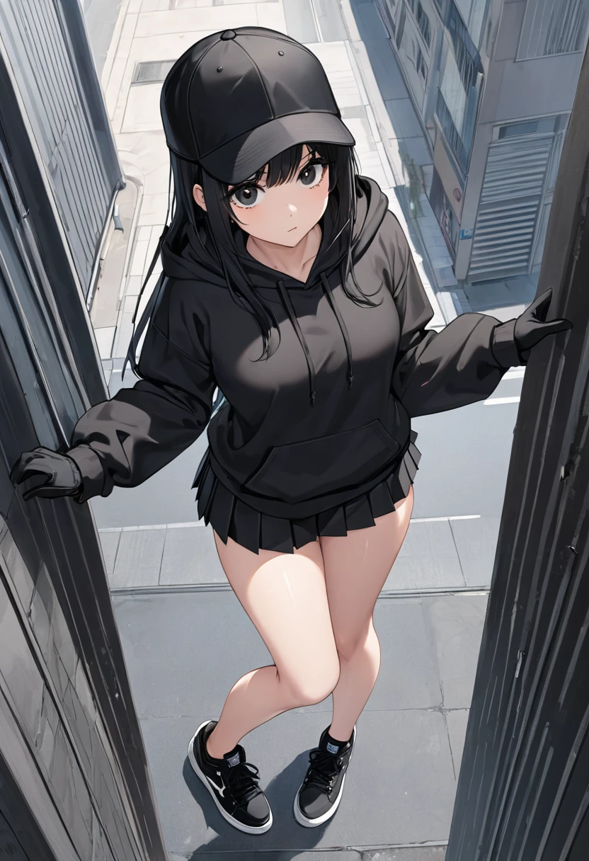 Black miniskirt , Black sneakers , Black hoodie , pleated skirt , whole body , thighs , black hair , black eyes , straight hair , black ball cap , long sleeves , bare legs , View from above , Black gloves