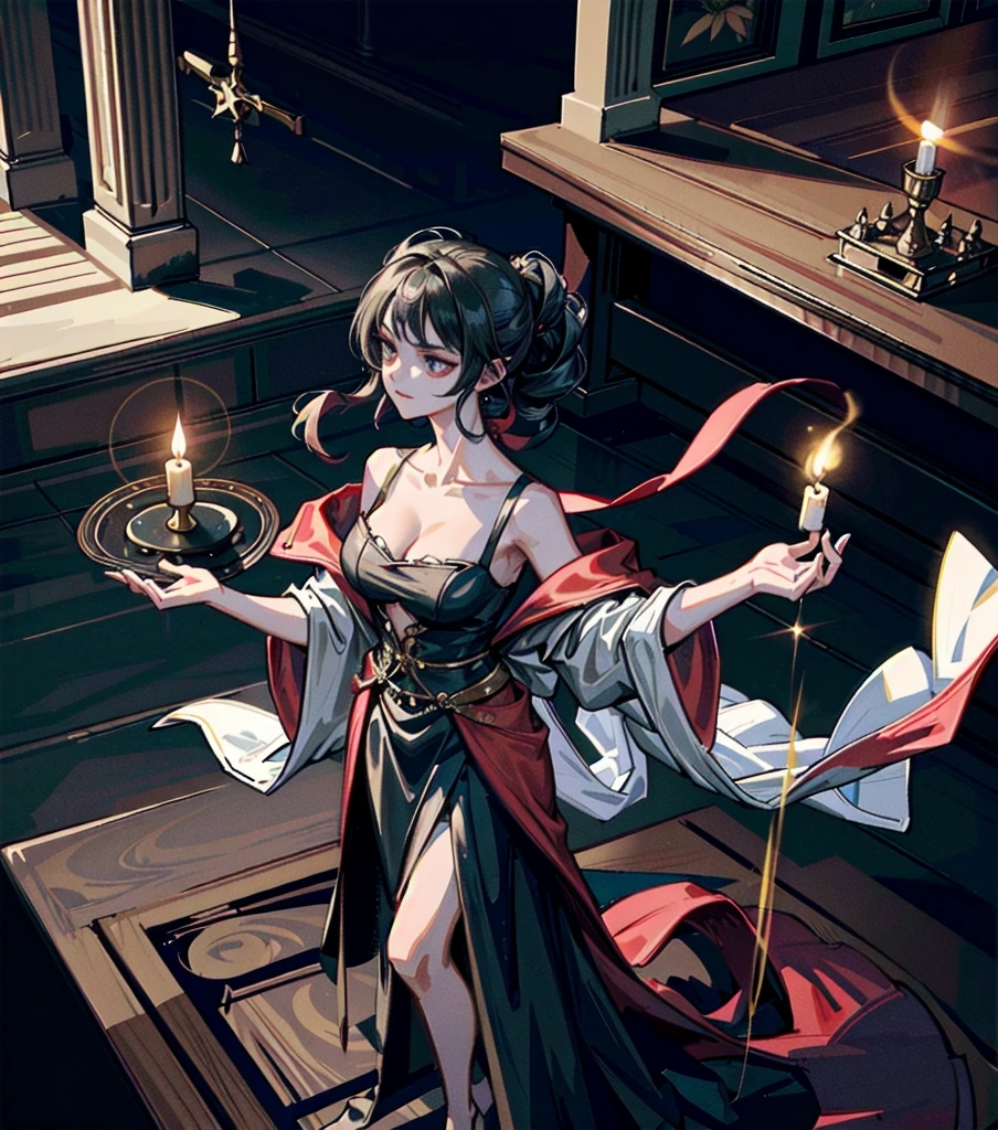 Beautiful fortune teller,1 Girl,Off-shoulder dress,Moderate hair,Moderate ,Exposed collarbone,Tear mole,Gorgeous Tarot Cards,Candlelight room,Flowing robe,arrogant,(best quality,4K,8K,high resolution,masterpiece:1.2),Extremely detailed,(Practical,photoPractical,photo-Practical:1.37),fantasy,goddess,Standing with arms open,Holding a candle on fingers,Facing the camera,Intricate details,Dramatic Lighting,Melancholy atmosphere,Rich colors