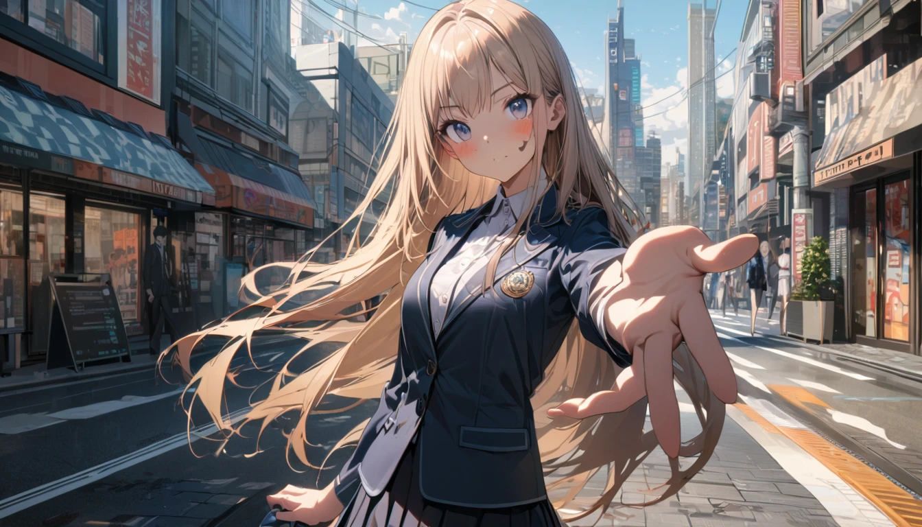 One girl, Black and long straight hair, Sharp Hair, ((Extending his right hand to the viewer)), Facial Contour, Recall, skirt, blazer, In the city, On the sidewalk, noon, bright, High resolution, Very delicate, Super detailed, 8K