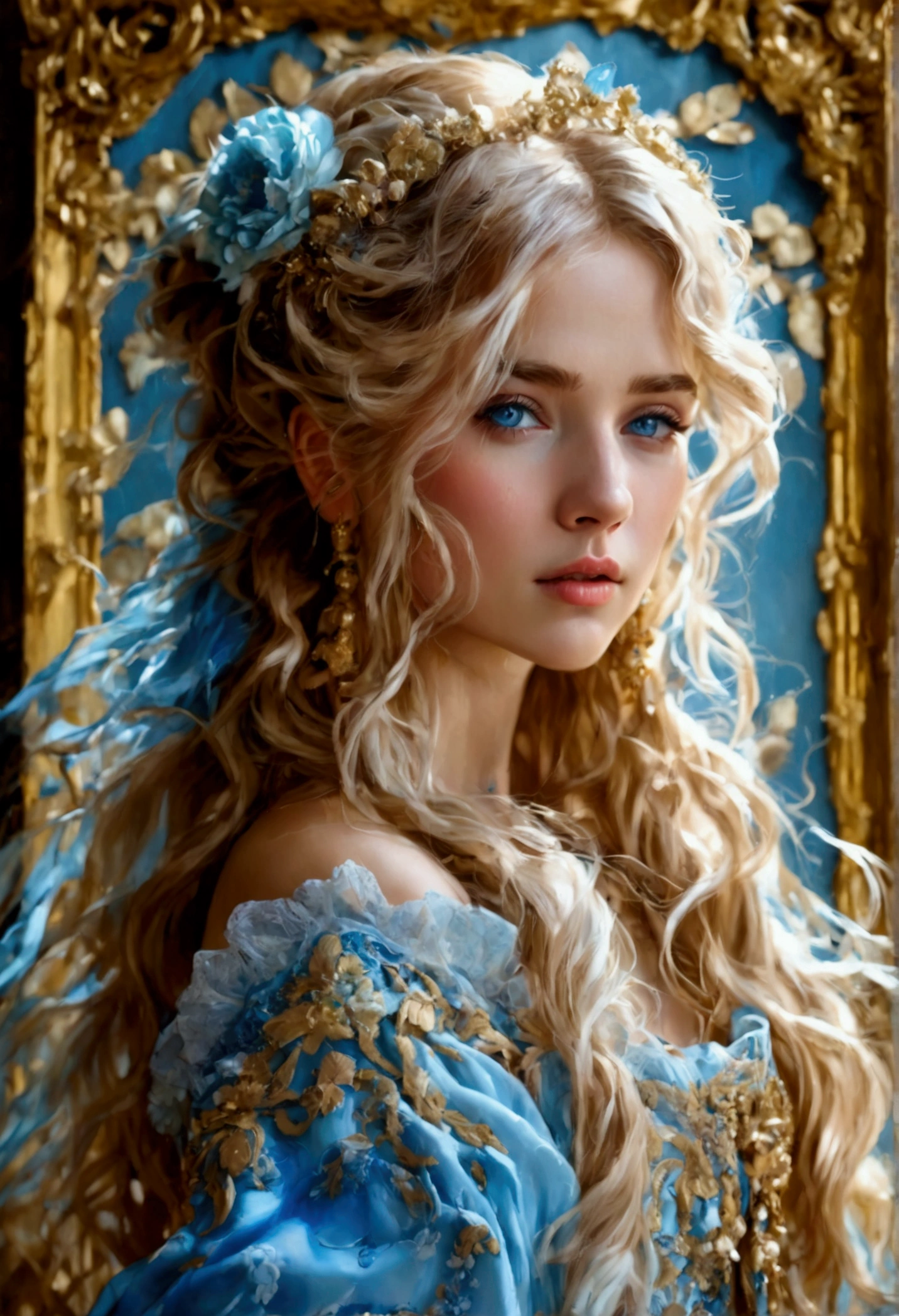 a detailed elegant rococo style oil portrait of a beautiful woman with long flowing blonde hair, piercing blue eyes, delicate facial features, wearing an ornate pastel blue dress decorated with gold accents, intricate lace patterns and floral embellishments, set against a baroque style ornate gold-framed background with swirling patterns and textures, high quality, photorealistic, 4k, (best quality,4k,8k,highres,masterpiece:1.2),ultra-detailed,(realistic,photorealistic,photo-realistic:1.37),HDR,UHD,studio lighting,ultra-fine painting,sharp focus,physically-based rendering,extreme detail description,professional,vivid colors,bokeh