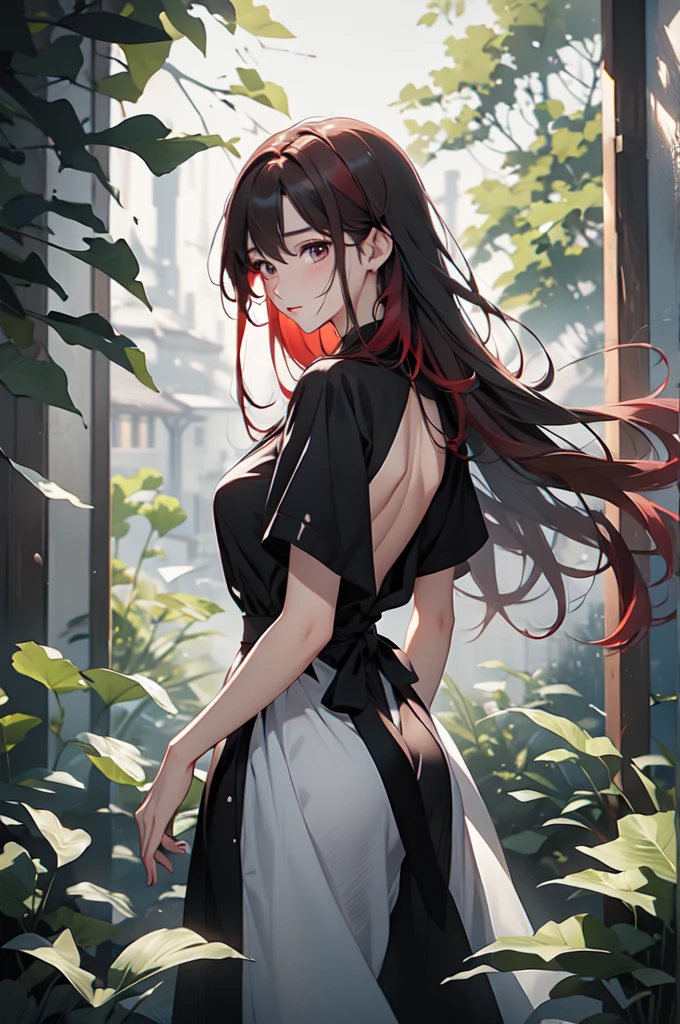 ((masterpiece、highest quality、Official Art、8k))、One Woman、28 years old、Attractive adult woman、(Red Hair)、Long Straight Hair、(Hair fluttering big in the wind)、Head to waist、From the side、Black backless maid outfit、White apron、Embarrassed、Dark Eyes、Big Eyes、Sparkling eyes、Large Bust、pastel colored trees々、Luxury Mansion、Warm atmosphere illustration、Backlight、