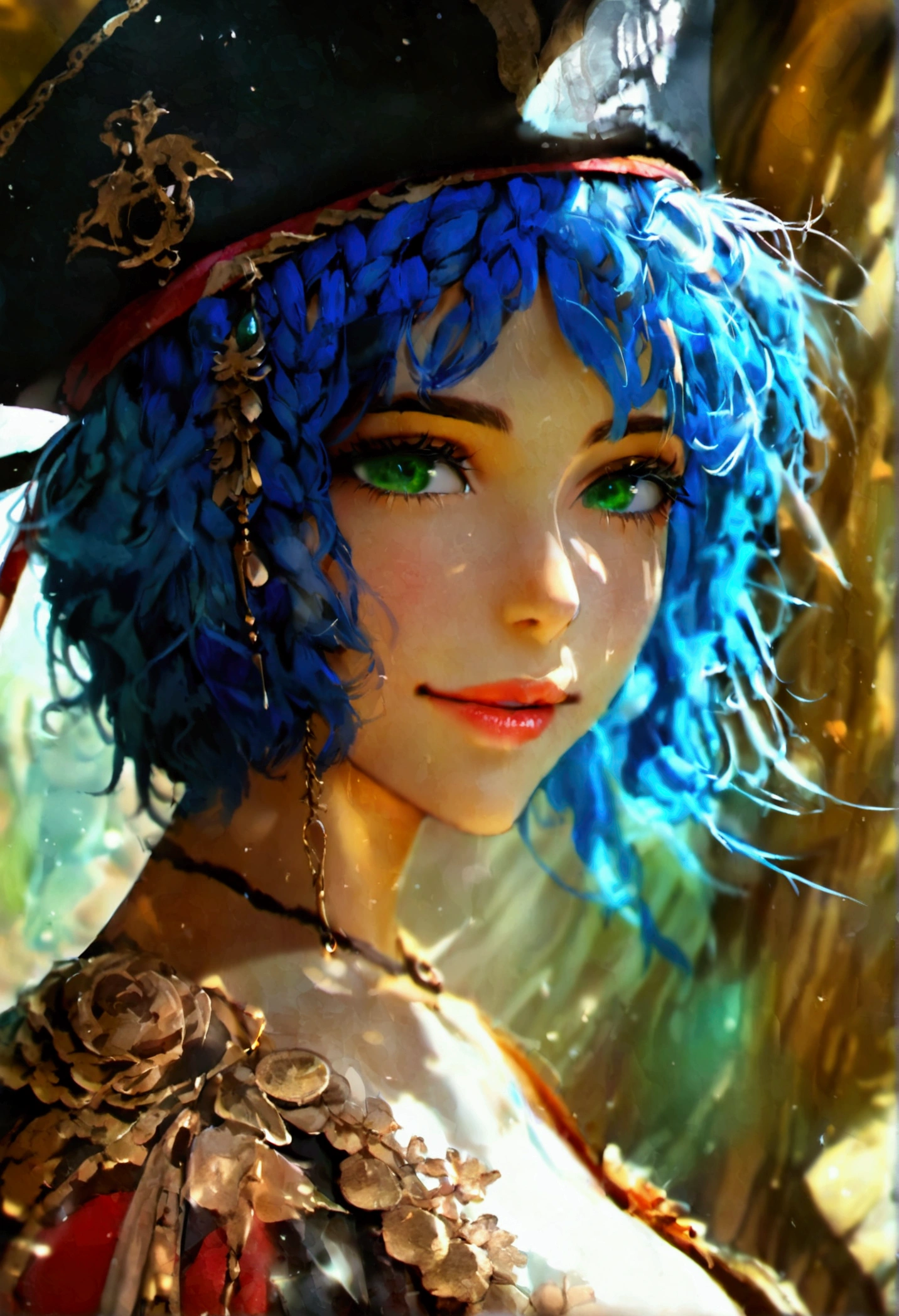 youn woman, short blue hair, empty hypnotized green eyes, oval shaped face, pirate clothes, alluring clothes, medium breast, revealing clothes, blissfull smile
