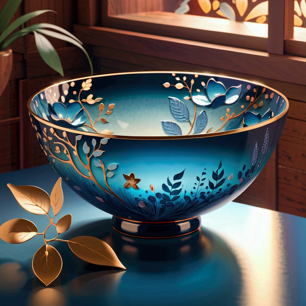A beautifully detailed ceramic bowl,Smooth gloss glaze,Natural pattern, Blue Sea,Delicate leaves, Colorful petals , Warm Lights,Ethereal atmosphere,Ray Tracing, Super detailed,