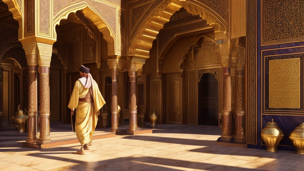 a wealthy arabian merchant, ancient arabic city, arabian nights, fantasy, 1 man, intricate ornate clothing, turban, jewelry, opulent palace, ornate architecture, arabian lanterns, golden light, warm color palette, dramatic lighting, (best quality,4k,8k,highres,masterpiece:1.2),ultra-detailed,(realistic,photorealistic,photo-realistic:1.37),cinematic,dramatic composition,highly detailed environment,ornate details,chiaroscuro lighting,vibrant colors,luxurious materials