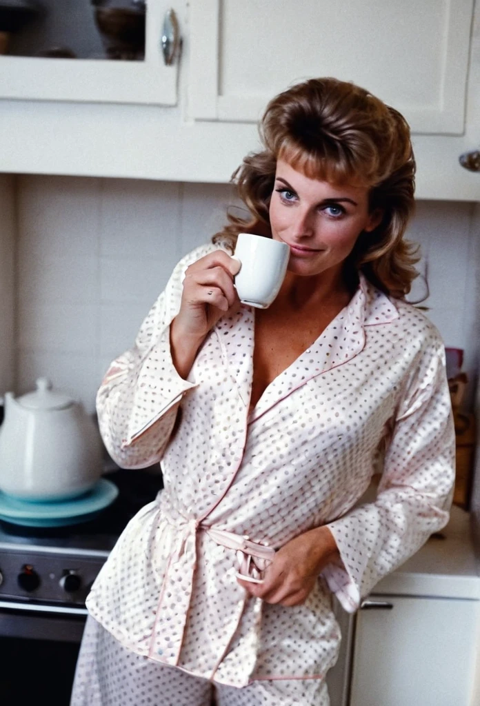 Fille brune[Sophie Loren:Maude Adams:0.45], just woke up, porte toujours un pyjama en soie, holds a hot cup of coffee in her kitchen early in the morning, (best quality, chefs-d&#39;artwork, ultra-detailed), beautiful detailed eyes, beautiful detailed lips, long cils, couleurs vives, style illustratif, texture de photographies fines haute résolution, messy flowing hair, comfortable garden background, Douce lumière du soleil, living expression, interaction joyeuse avec le chat, pose dynamique, realistic rendering, Mid-term aesthetics