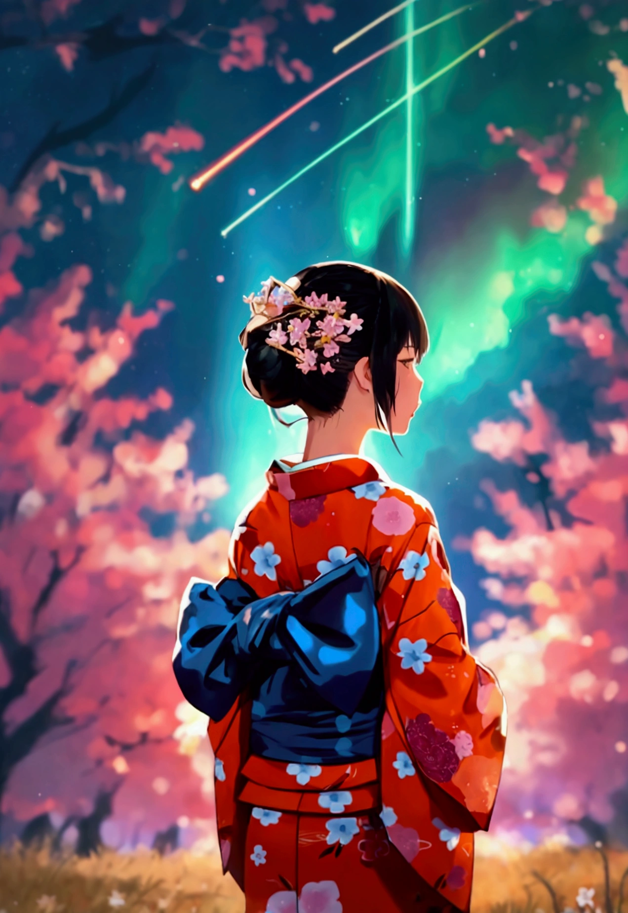 1 girl, distant girl wearing a kimono staring at the stele, (diminished:1.1), (meteor shower:1.2), (comet:1.1), Seu Nome, Low angle, from behind, aroura borealis, Shooting Star, yukata, red kimono, Cherry blossoms, standing in a field,best qualityer, work of art, nube,colorfully, starlit,stele,looking back,horns on head
