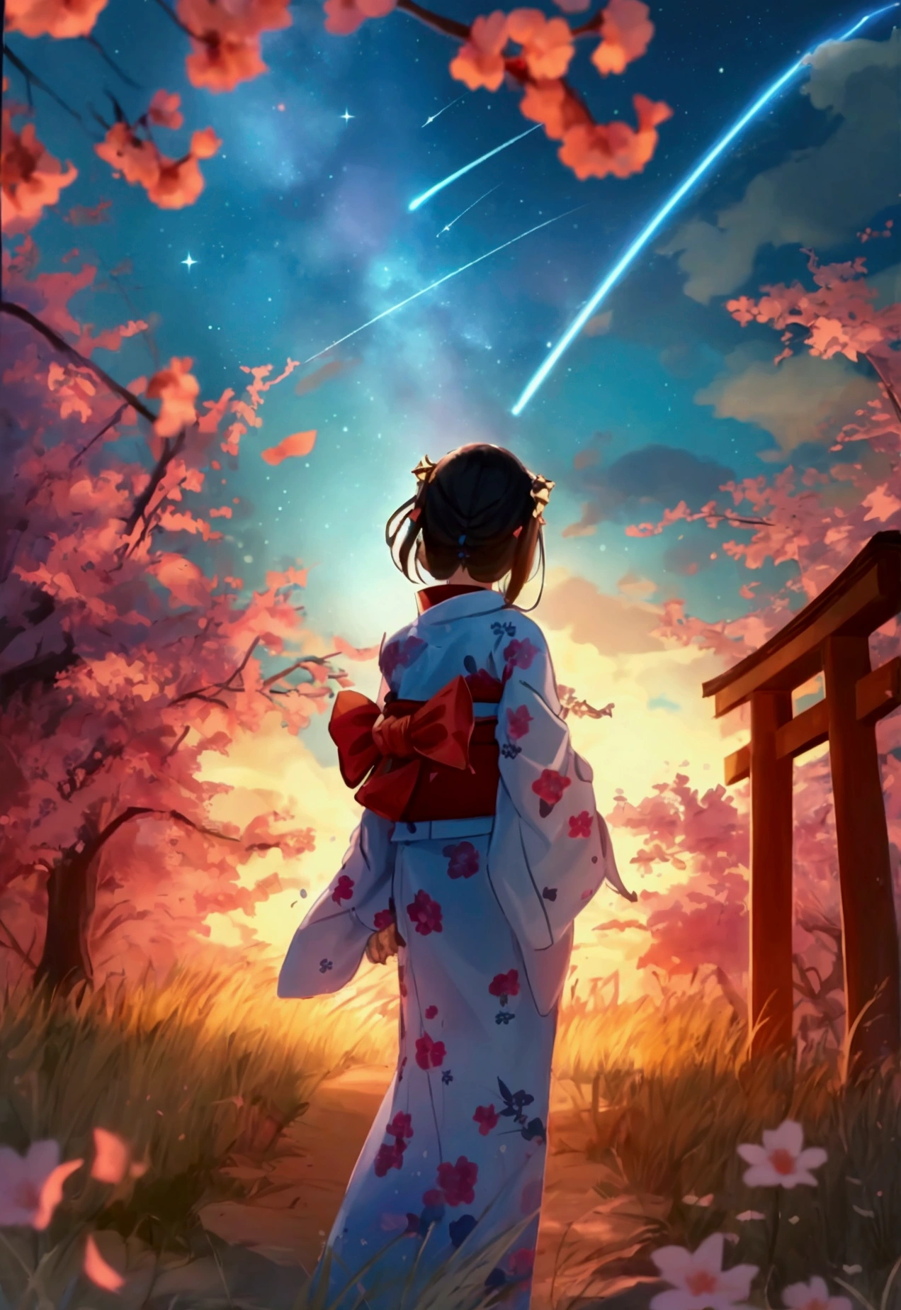 1 girl, distant girl wearing a kimono staring at the stele, (diminished:1.1), (meteor shower:1.2), (comet:1.1), Seu Nome, Low angle, from behind, aroura borealis, Shooting Star, yukata, red kimono, Cherry blossoms, standing in a field,best qualityer, work of art, nube,colorfully, starlit,stele,looking back,horns on head
