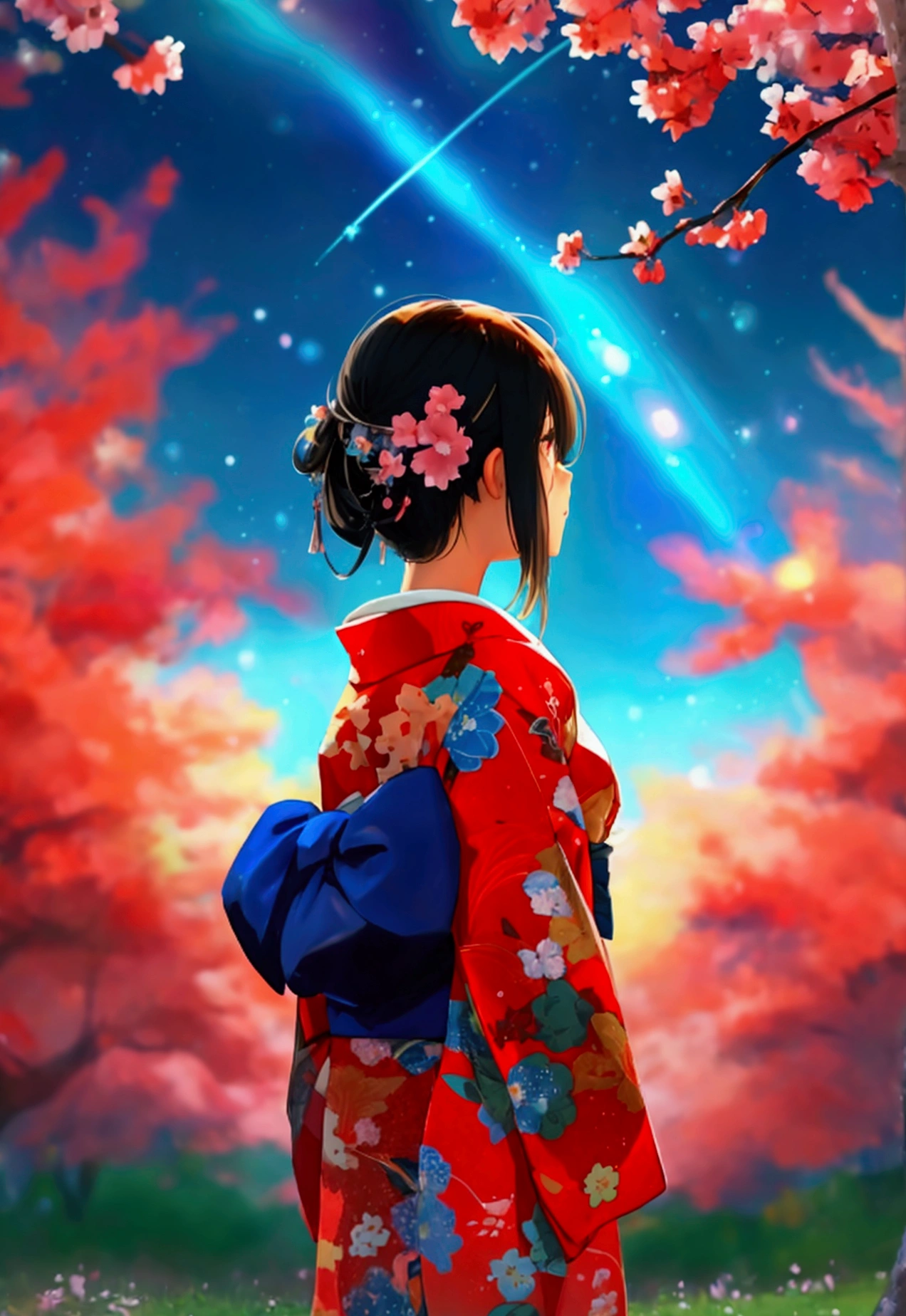 1 girl, distant girl wearing a kimono staring at the stele, (diminished:1.1), (meteor shower:1.2), (comet:1.1), Seu Nome, Low angle, from behind, aroura borealis, Shooting Star, yukata, red kimono, Cherry blossoms, standing in a field,best qualityer, work of art, nube,colorfully, starlit,stele,looking back,horns on head
