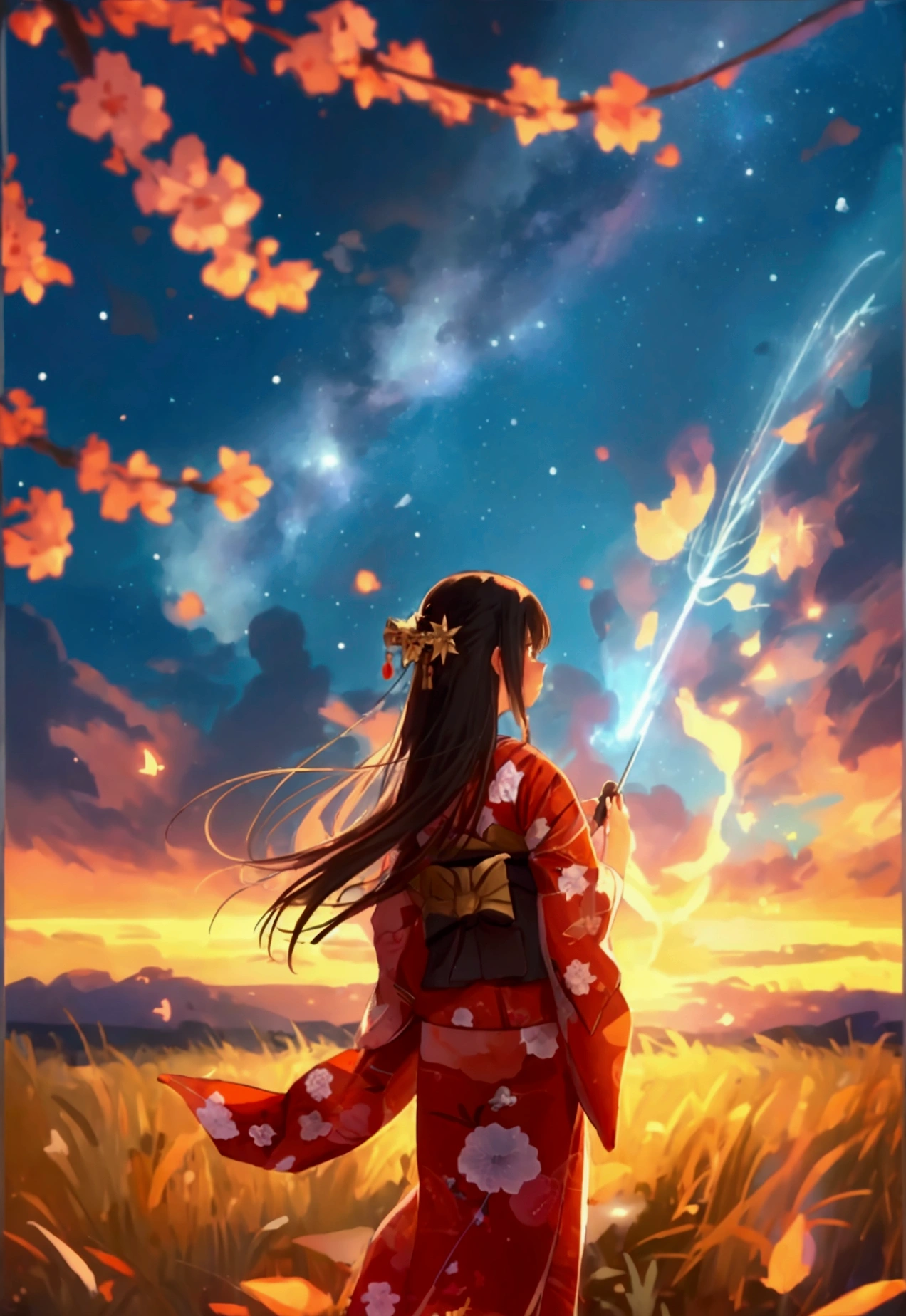 1 girl, distant girl wearing a kimono staring at the stele, (diminished:1.1), (meteor shower:1.2), (comet:1.1), Seu Nome, Low angle, from behind, aroura borealis, Shooting Star, yukata, red kimono, Cherry blossoms, standing in a field,best qualityer, work of art, nube,colorfully, starlit,stele,looking back,horns on head
