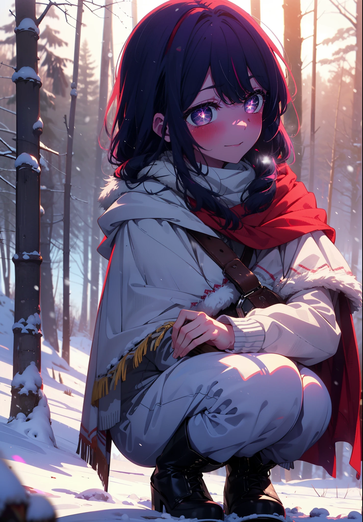 aihoshino, Ai Hoshino, Long Hair, bangs, (Purple eyes:1.1), Purple Hair, (Symbol-shaped pupil:1.5), smile,,smile,blush,White Breath,
Open your mouth,snow,Ground bonfire, Outdoor, boots, snowing, From the side, wood, suitcase, Cape, Blurred, , forest, White handbag, nature, Squat, Mouth closed, Cape, winter, Written boundary depth, Black shoes, red Cape break looking at viewer, Upper Body, whole body, break Outdoor, forest, nature, break (masterpiece:1.2), Highest quality, High resolution, unity 8k wallpaper, (shape:0.8), (Beautiful and beautiful eyes:1.6), Highly detailed face, Perfect lighting, Extremely detailed CG, (Perfect hands, Perfect Anatomy),