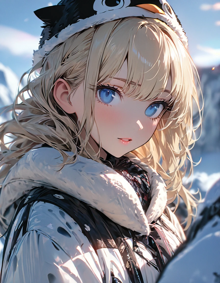 (((female))), (((best quality))), (((masterpiece))), exceptionally beautiful woman, 25 year old female with perfect figure, Paris Fashion Week model, blonde, blue eyes, 4k, 8k, best quality, portrait, full body shot, wide angle, wearing penguin hat, location is Antarctica