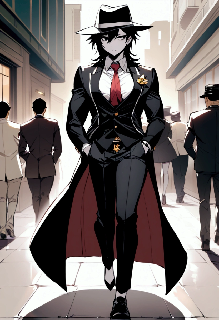 Masterpiece, boys, girls, white skin, black eyes, they have black hair, white shirt, black suits, black trousers, black shoes, black long jacket with white fur, black fedora hat, red tie, sharp gaze, he's the mafia boss of the strongest mafia group, wolf logo, both hands put in pockets, with his girl, she holds him hand like bride, walking, detail,