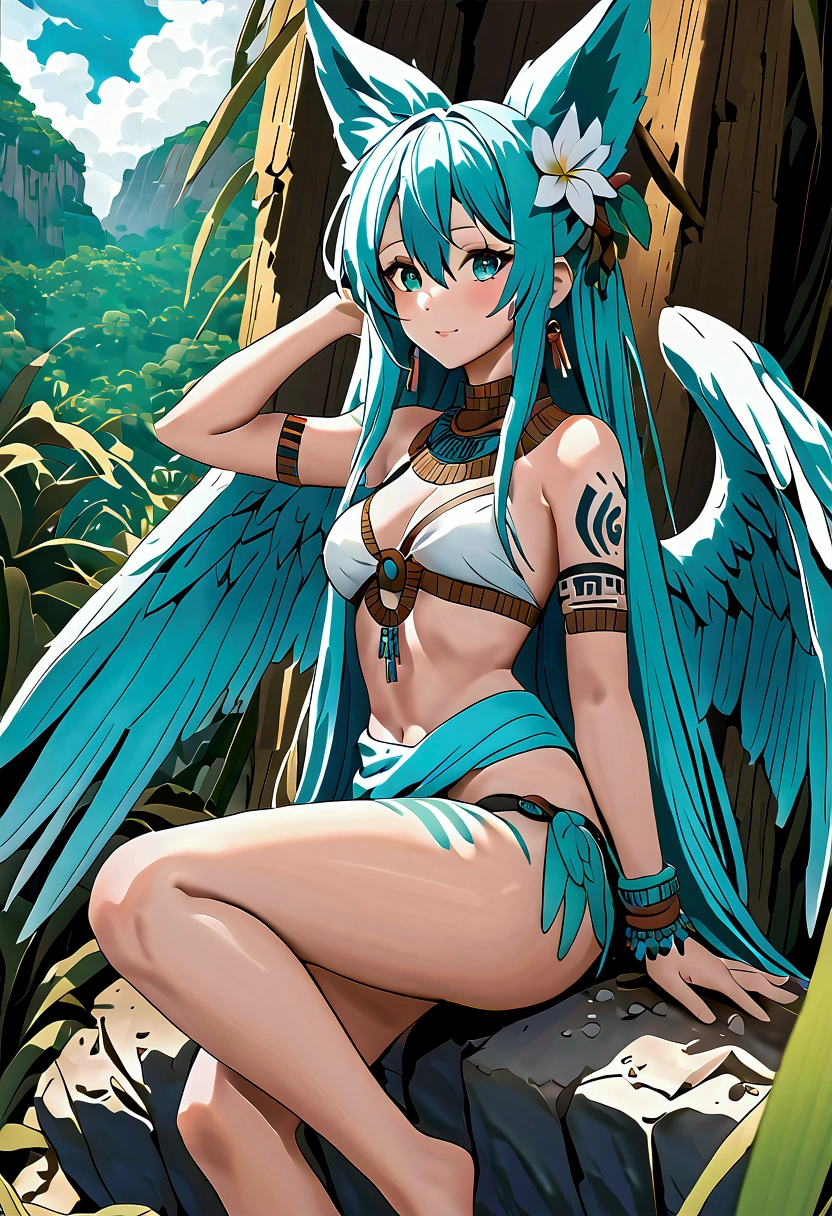 Miku Hatsune, add high definition add_detail:1, blue fur,kitsune ears, tribal tattoo add_detail:1, in ruins in the jungle, barefoot, tribal costume add_details:1, giant aquamarine feather wings_detailsl:1 ,alas hermosas la mejor calidad y detail en las plumas, add blue saturation light_detailsl, sensual pose, pupilas con gran detail, definition in each structure of the eye, iris color aqua add_detail:1