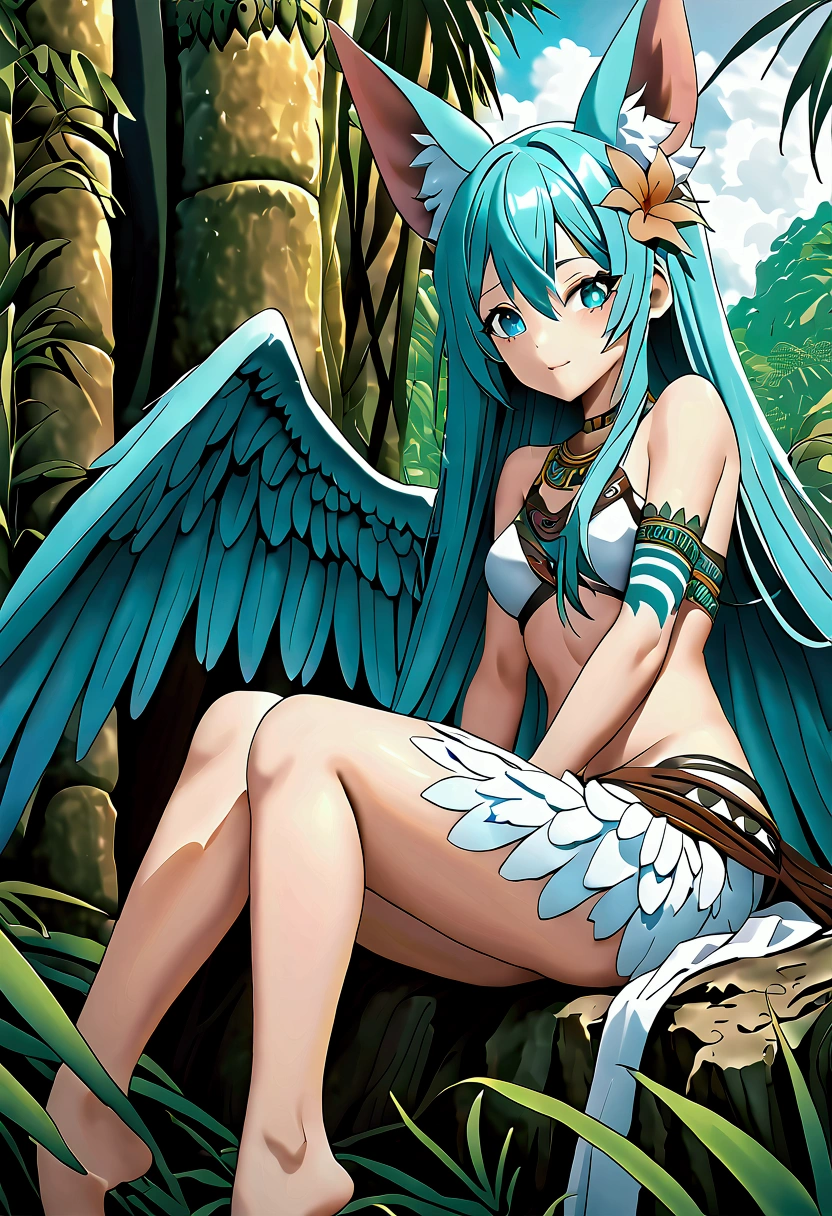 Miku Hatsune, add high definition add_detail:1, blue fur,kitsune ears, tribal tattoo add_detail:1, in ruins in the jungle, barefoot, tribal costume add_details:1, giant aquamarine feather wings_detailsl:1 ,alas hermosas la mejor calidad y detail en las plumas, add blue saturation light_detailsl, sensual pose, pupilas con gran detail, definition in each structure of the eye, iris color aqua add_detail:1