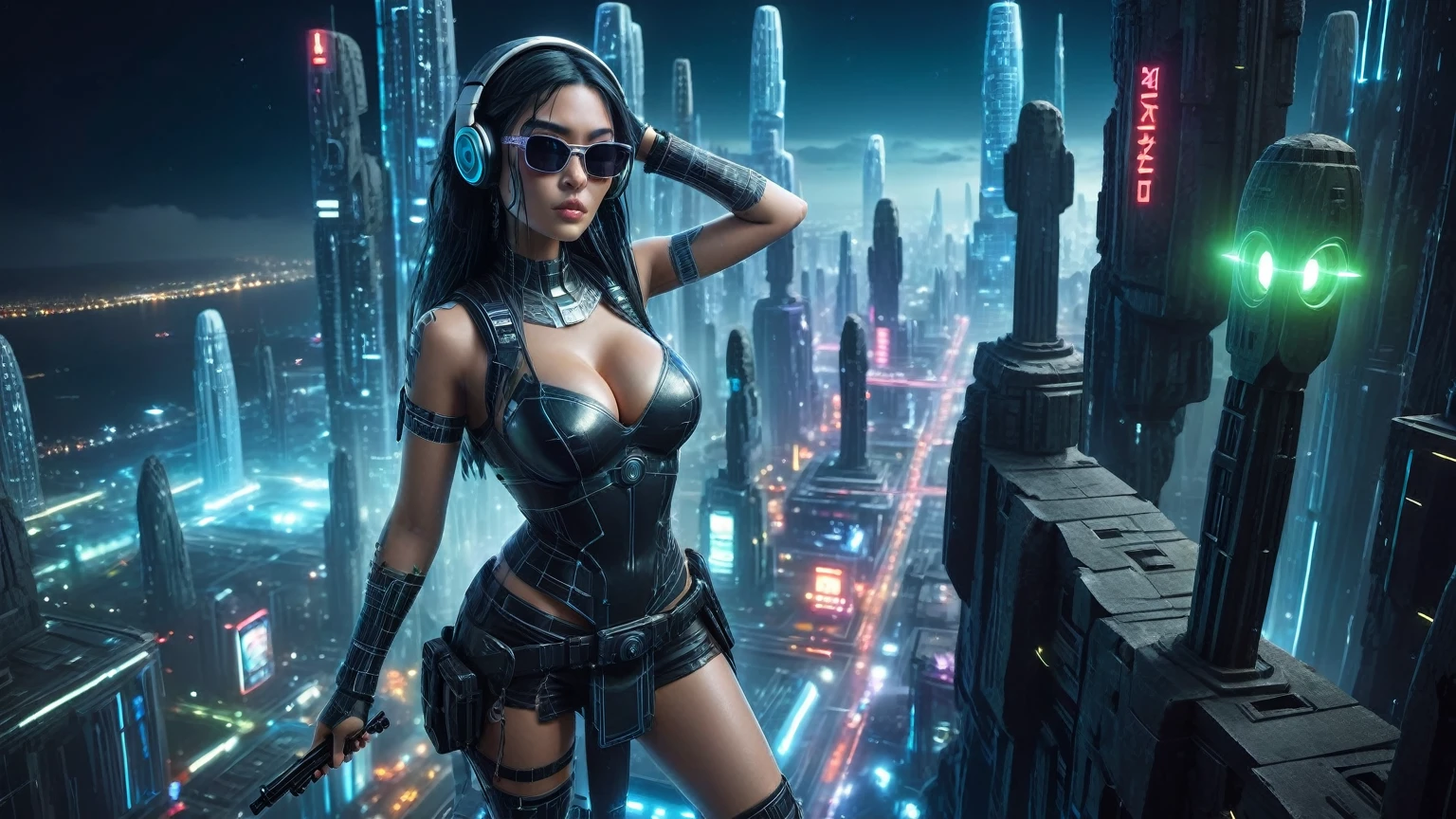 At night, dark sky, distant shot aerial view of fantasy cyberpunk style ((Moai-statue)) city, ((flying vehicle)). ((1girl, solo, alone)), medium-breast:1.1 slim body, cleavage, sexy clothes, (headphone, black sunglasses, long black realistic hair), (((hip-up standing and holding pistol))), half-body thigh level medium shot, cinematic lighting.