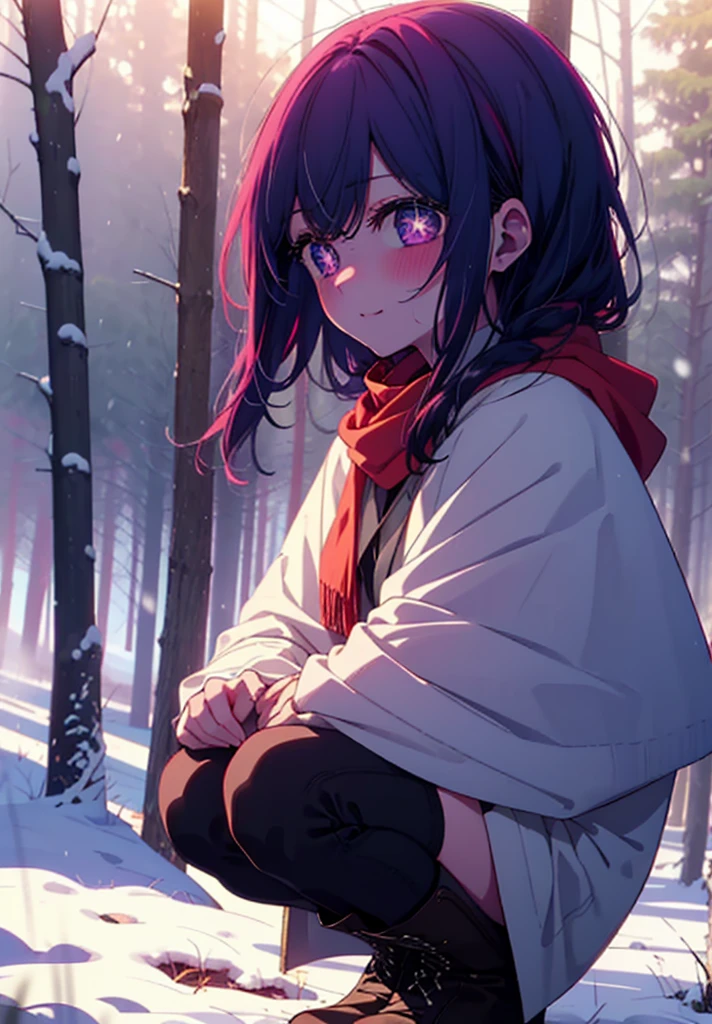 aihoshino, Ai Hoshino, Long Hair, bangs, (Purple eyes:1.1), Purple Hair, (Symbol-shaped pupil:1.5), smile,,smile,blush,White Breath,
Open your mouth,snow,Ground bonfire, Outdoor, boots, snowing, From the side, wood, suitcase, Cape, Blurred, , forest, White handbag, nature,  Squat, Mouth closed, Cape, winter, Written boundary depth, Black shoes, red Cape break looking at viewer, Upper Body, whole body, break Outdoor, forest, nature, break (masterpiece:1.2), Highest quality, High resolution, unity 8k wallpaper, (shape:0.8), (Beautiful and beautiful eyes:1.6), Highly detailed face, Perfect lighting, Extremely detailed CG, (Perfect hands, Perfect Anatomy),