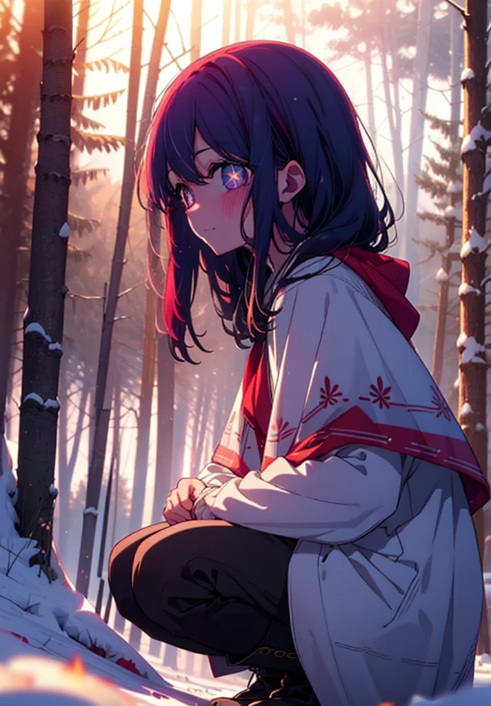 aihoshino, Ai Hoshino, Long Hair, bangs, (Purple eyes:1.1), Purple Hair, (Symbol-shaped pupil:1.5), smile,,smile,blush,White Breath,
Open your mouth,snow,Ground bonfire, Outdoor, boots, snowing, From the side, wood, suitcase, Cape, Blurred, , forest, White handbag, nature,  Squat, Mouth closed, Cape, winter, Written boundary depth, Black shoes, red Cape break looking at viewer, Upper Body, whole body, break Outdoor, forest, nature, break (masterpiece:1.2), Highest quality, High resolution, unity 8k wallpaper, (shape:0.8), (Beautiful and beautiful eyes:1.6), Highly detailed face, Perfect lighting, Extremely detailed CG, (Perfect hands, Perfect Anatomy),