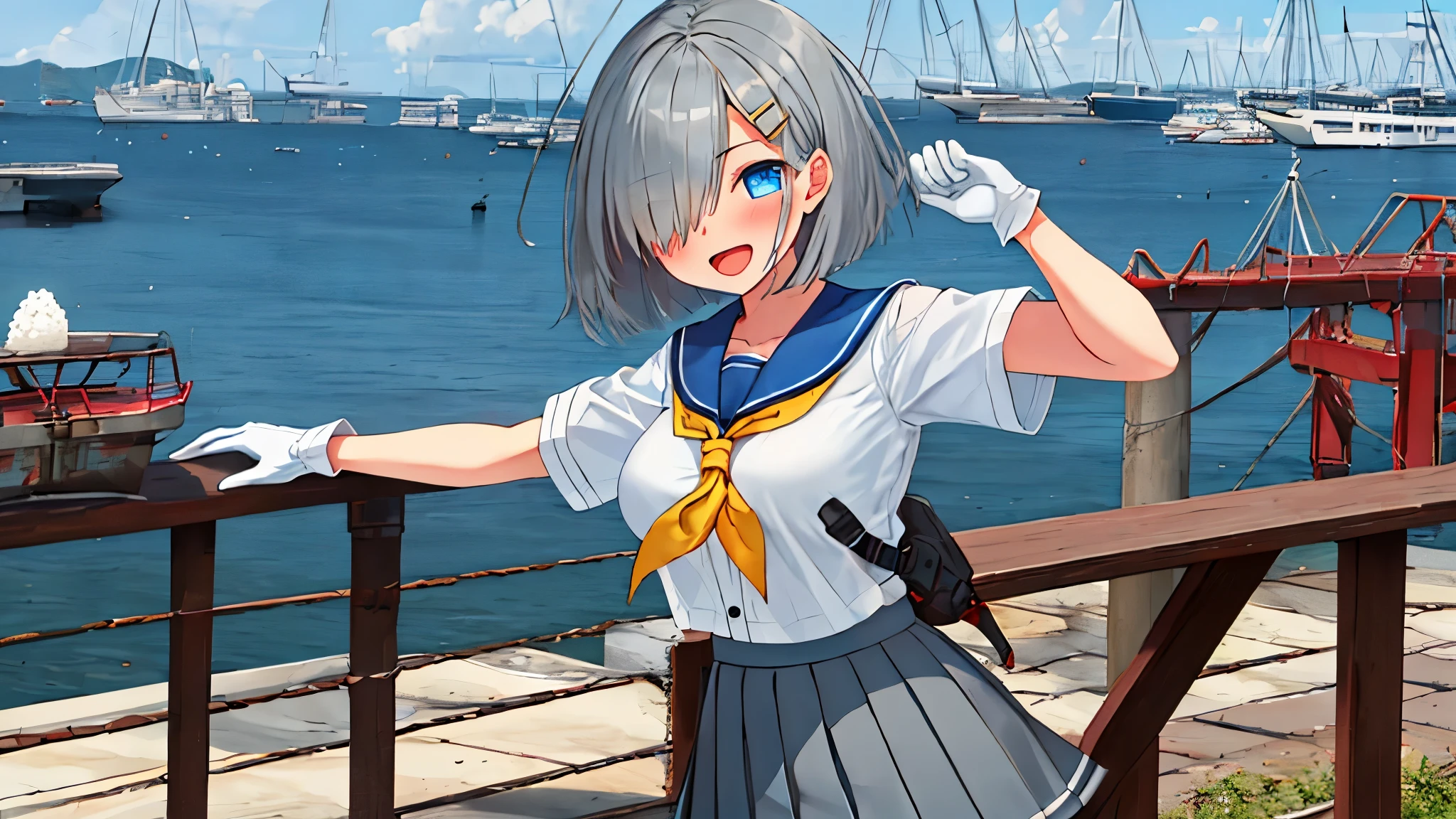 best quality, masterpiece, highres, solo, {hamakaze_kantaicollection:0.90}, 1girl, ,younger_teen,black_pantyhose, pleated_skirt, serafuku, short_sleeves, simple_background, white_background, yellow_neckerchief, white_gloves, looking_at_viewer, grey_skirt, blush, eyes_visible_through_hair, blue_sailor_collar, dynamic_posing,long_bangs,hair_over_one_eye,harbor_school_background,outdoor,large_breasts,onigiri,riceball,girl_eating_riceball,happy,open_mouth