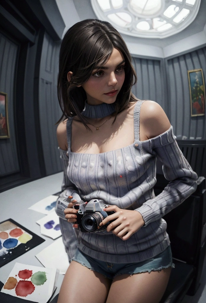 (Victoria justice), Big ,(Masterpiece), Best Quality, extremely detailed, (watercolor), Bloom, delicate and beautiful, illustration, (from below),(1 girl:1.4), (Alone:1.2), small breasts, (ribbed sweater:1.3), suéter con bare shoulders, (Short shorts:1.2), bare shoulders, (under the chest), ((Dark skin:0.8)), pretty eyes, (messy hair ), Photography, Over the shoulder shot, by Alex Maleev, professional, canon camera, nikon camera, sharp, bokeh, Studio quality, fisheye lenses, by Robert Capa ,