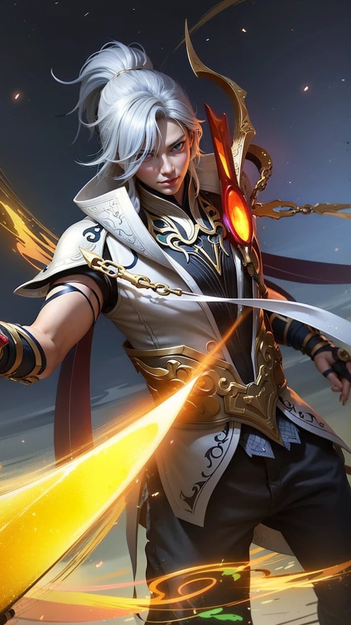 a close up of a person holding a fire stick, heise jinyao, splash art, inspired by Huang Shen, amazing portrait of viego, painted in the style arcane, official splash art, iconic character splash art, extremely detailed artgerm, astri lohne, holy fire spell art, inspired by Yang Jin, sylas, artgerm detailed, glow red eyes.