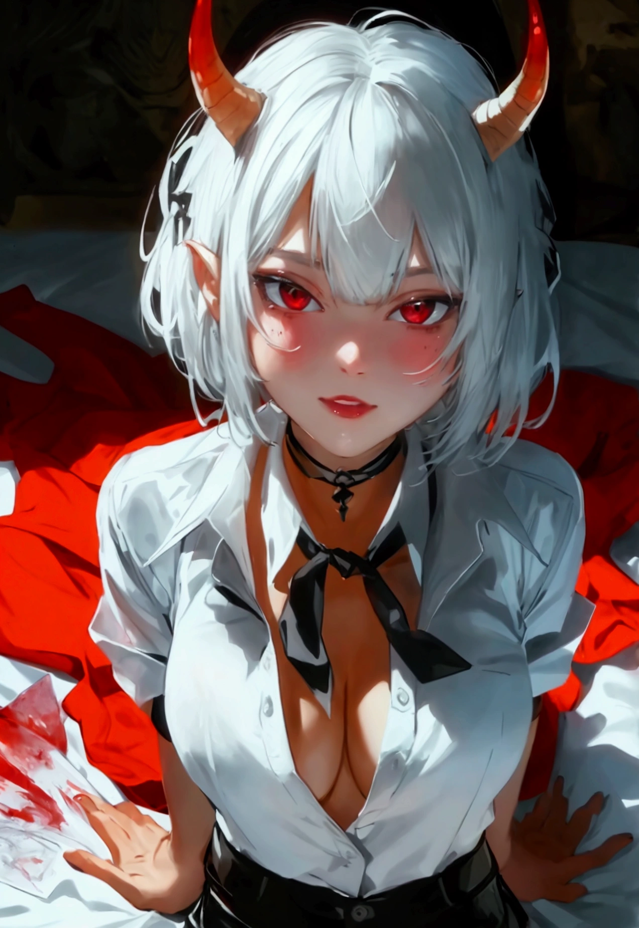 work of art, best qualityer, high resolution, 1girl horns short hair demon tail, white shirt black ascot black gloves black pants black vest lying on your back, sheet, arms up,blushed,face red,Hands behind the head,ssmile