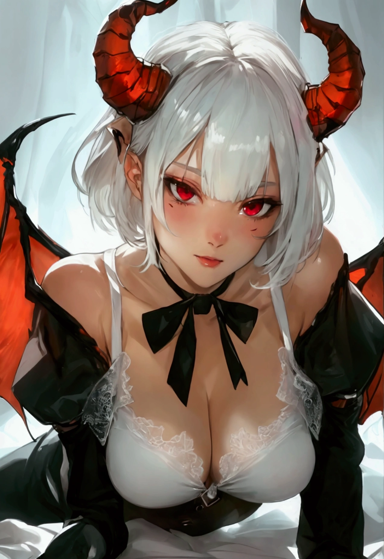 work of art, best qualityer, high resolution, 1girl horns short hair demon tail, white shirt black ascot black gloves black pants black vest lying on your back, sheet, arms up,blushed,face red,Hands behind the head,ssmile