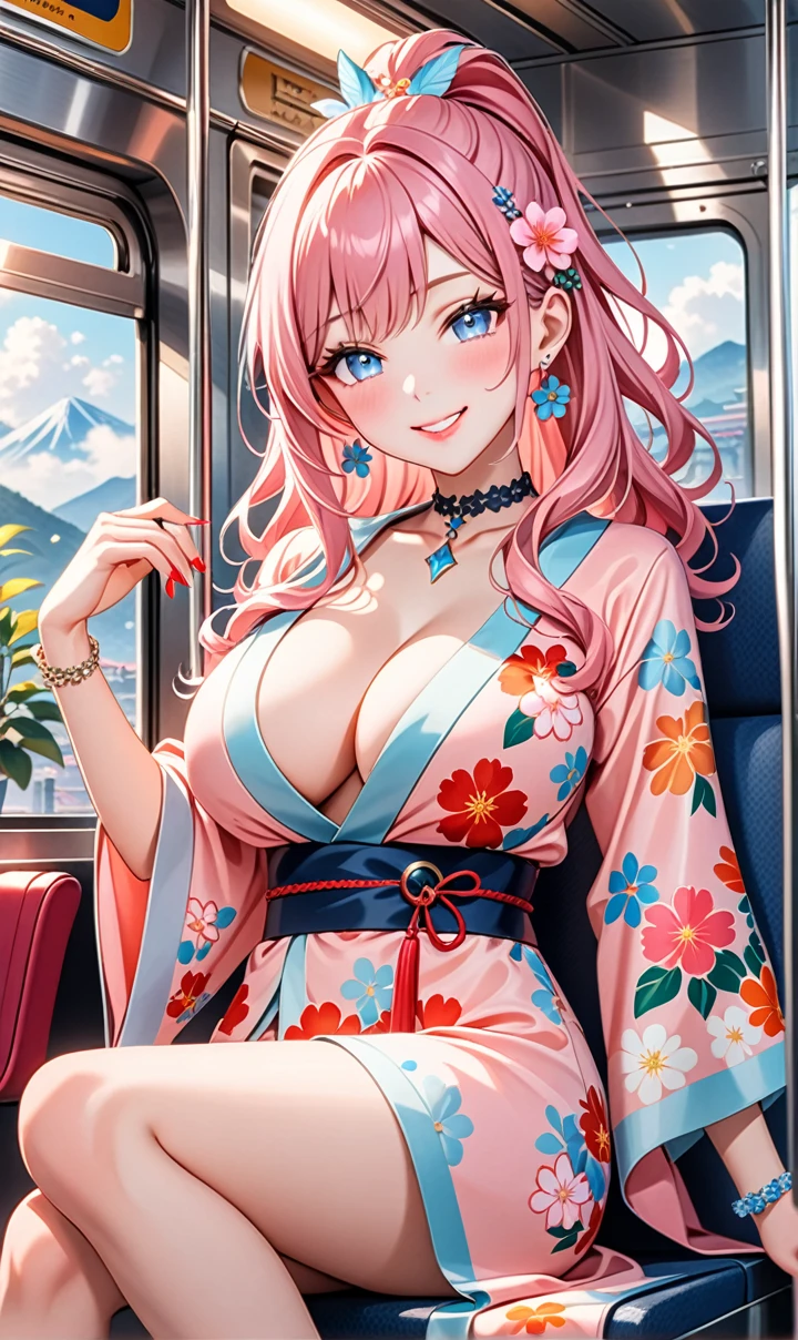 ultra-detailed, ((one girl)), (pale skin:1.3), in pastel colors gyaru, (heavy makeup), hyper detailed, absurdres, 8K, Beautiful Face, (Laugh shyly), ((teasing smile:1.8)), ((Wink:1.7)), (Laugh with your mouth wide open),((Tilt your face:1.6)), ((looking far away:1.9)), ((Bright red cheeks:1.6)),Glossy Red Lips, ((:1.5)), (show off breast), ((sing:1.2)),the train, (Brighten your face), ((Anime style background)),masterpiece, Highest quality, so beautiful,Latest, Complex details, (Pink long nails), (nail art), (ring),(bracelet), (Floral Choker),AI-generated, Complex,High resolution, Highest quality, super high quality,3D Images、3D Images,One person,Pastel pink long hair,(High Ponytail), (wavy hair:1.3), Pastel anime woman posing for a photo, ((Fine grain、blue eyes、glowing eyes:1.4)), (Squint your eyes:1.1),a hyperRealistic , hyperRealistic , Realistic,Anime woman with long pastel pink hair, Smooth anime CG art, A girl in a gorgeous pastel-colored kimono, ((Pastel-colored furisode)),(Pink large floral pattern), Long flower hair ornament,Floral Earrings,Mature Body, tall,Narrow wa(Sit in the seat)), ((from side)),