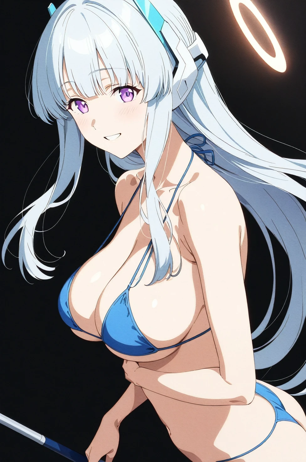 best quality, very aesthetic, absurdres, (1girl, noa, blue archive, solo, purpel eyes), (realistic face:0.9),(string bikini:1.8), (grin, blush, thigh:1.3), (cowboy shot), (glowing eyes), (half closed eyes:0.9), (ass), (official art:1.3), (pool), expressive eyes, perfect face, extremely detailed eyes, perfect anatomy, smooth skin, (black background:1.5), clear eyes, beautiful face, big breasts, (anime style:1.7), (Warm Light:1.5), (highres:2), (Chiaroscuro),