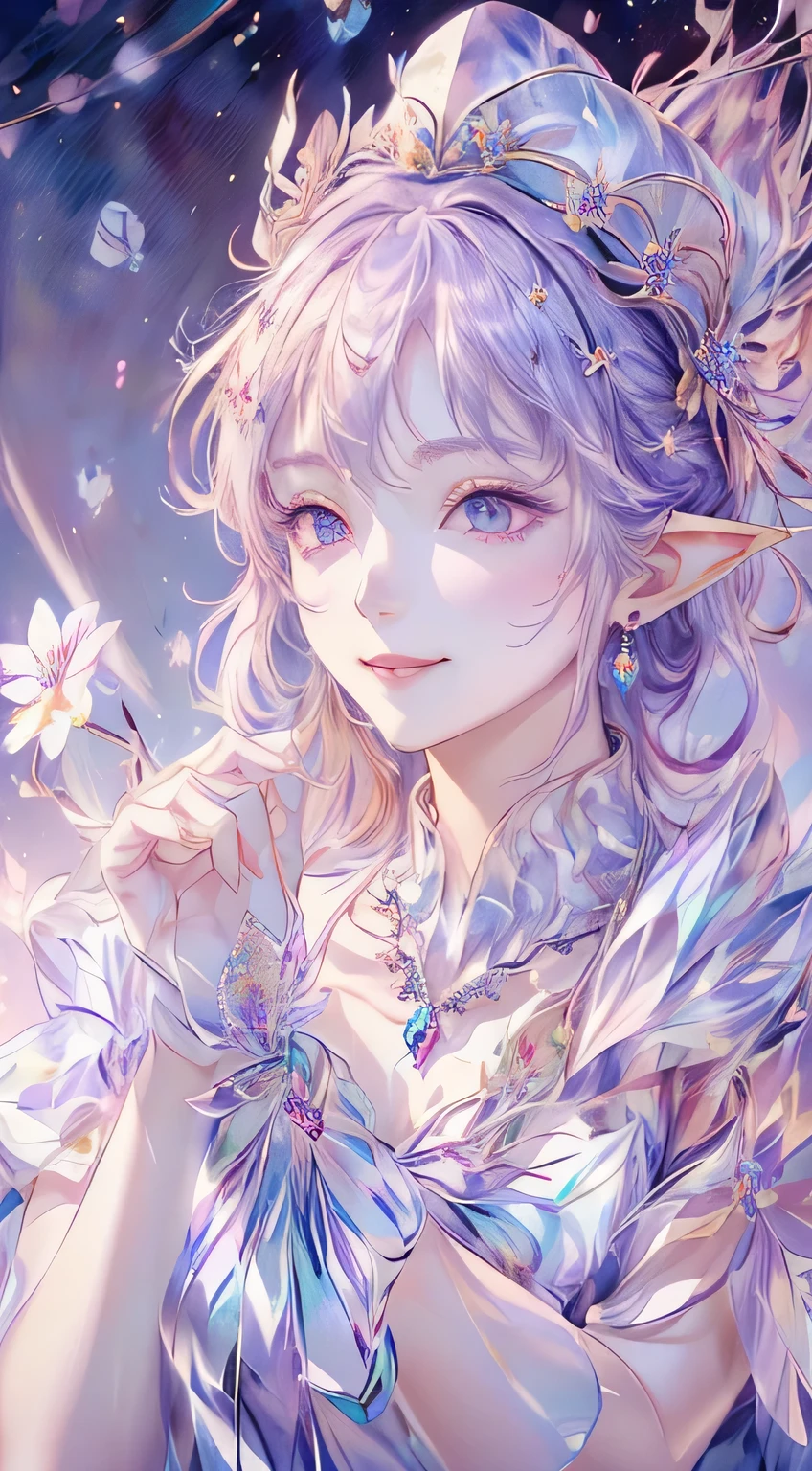 tmasterpiece，Highest high resolution，((((Bow your head and smile))))，Dynamic avatar of a beautiful aristocratic elf girl, Light Purple hair is gracefully curled，（((Wearing a crown of huge flowers、Bucket Hat，jewelry，Diamond necklace)))，Purple clear eyes，(((Hair is covered with beautiful and delicate floral craftsmanship, Crystal Jewelry Filigree)))，Ultra-detailed details。