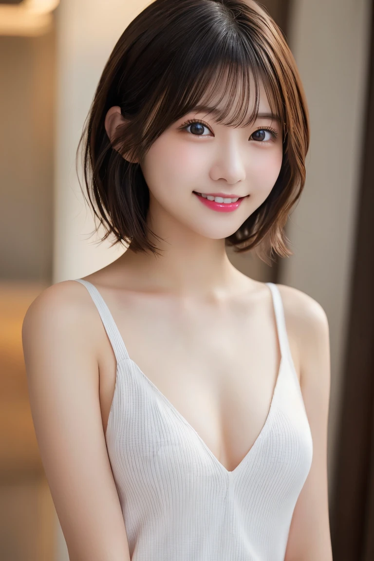 Highest quality(beautiful)、naked、Nipples、Full view of 、Brown eyes、22-year-old female、smile、Gal、Semi-short hair、Natural Lip、Soft Breasts、Upper Body
