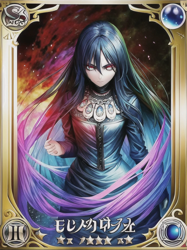 tarot card, full body, Artistic elements add depth to the work. The overall atmosphere is creepy and nightmarish..., With a unique artistic touch. This movie is、The dark and crazy world of horror movies depicted in HD., Evoke visual stimuli and aesthetic sense, It will terrify and excite the audience....,watercolor画, （Lightless, Eyes without highlights, Evil Eye, A bad looking person with white eyes, It&#39;s a red eyeliner）,whole body絵, Wearing a maid outfit and （Gradient braided hair, (Light purple hair), (Ink blotches:1.1), (pale:1.2),(Light purple:1.2),(Light green:1.2)　and a mature face,tall, Wearing black tights,Green Eyes, The skin is hidden　and maid, The background is a dark and desolate landscape, Horror movie atmosphere. Her figure is extremely beautiful, Emphasizing the dark and crazy elements. Skillfully expressing the effects of light and shadow, detailed, The face and expression of the black costume are also carefully drawn...,sketch (Character design sheet, same characters, whole body, Three-View, front, ~ ~ ~ side, return) and 1 female, Nervous,Cowboy Shot,,(Very bright:1.1), White Background, [1 Girl:7], (Tilt your head:1.2), ([sketch|watercolor \(Moderate\)]:1.15),Chaotic Abstract