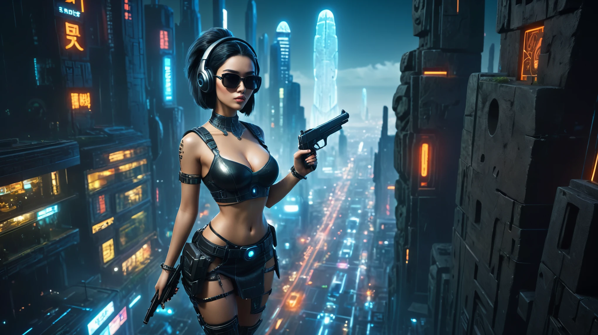 At night, dark sky, distant shot aerial view of fantasy cyberpunk style ((Moai-statue)) city, ((flying vehicle)). ((1girl, solo, alone)), medium-breast:1.1 slim body, cleavage, sexy clothes, (headphone, black sunglasses, long black realistic hair), (((hip-up standing and holding pistol))), half-body thigh level medium shot, cinematic lighting.