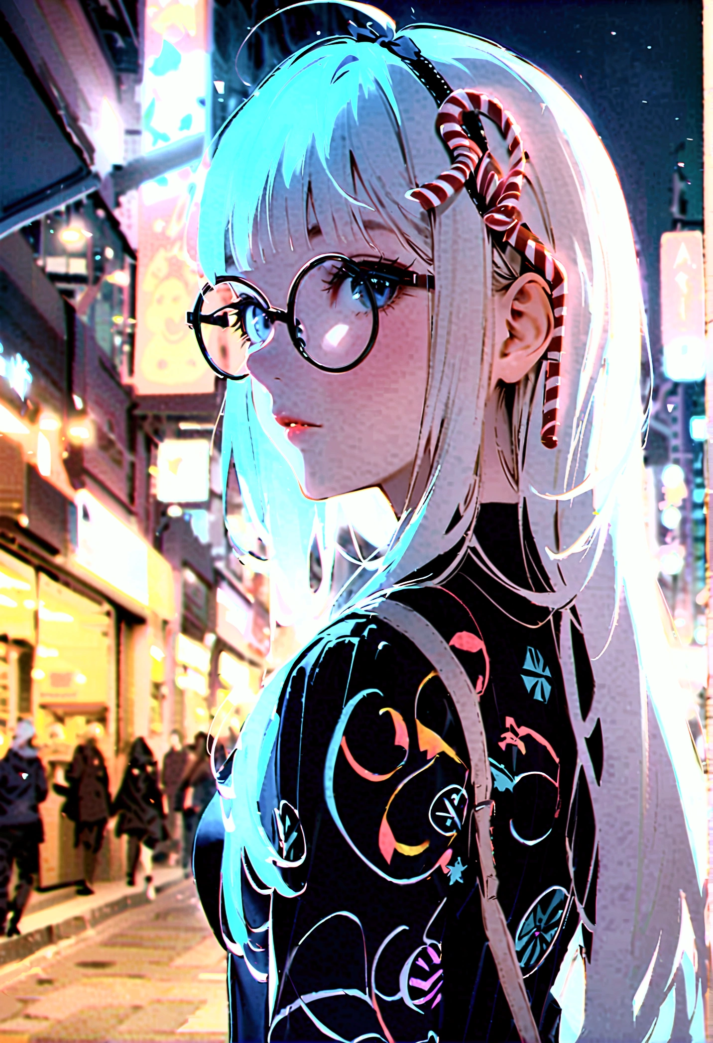 A white-haired woman with bangs, long hair, a black bow on her head, a blue suit, wearing round black glasses with candy canes, her back turned halfway in the middle of the city during the day.