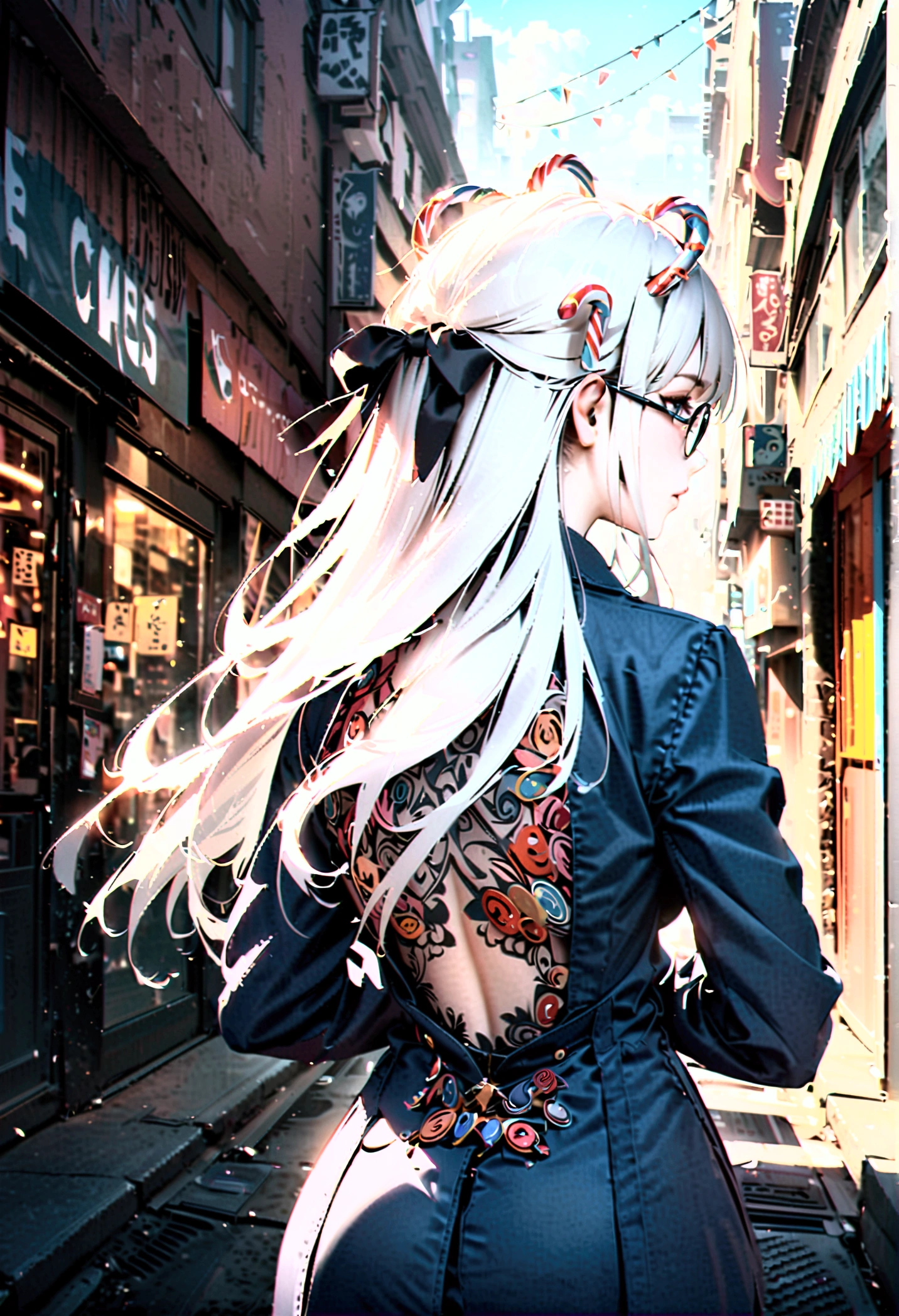A white-haired woman with bangs, long hair, a black bow on her head, a blue suit, wearing round black glasses with candy canes, her back turned halfway in the middle of the city during the day.