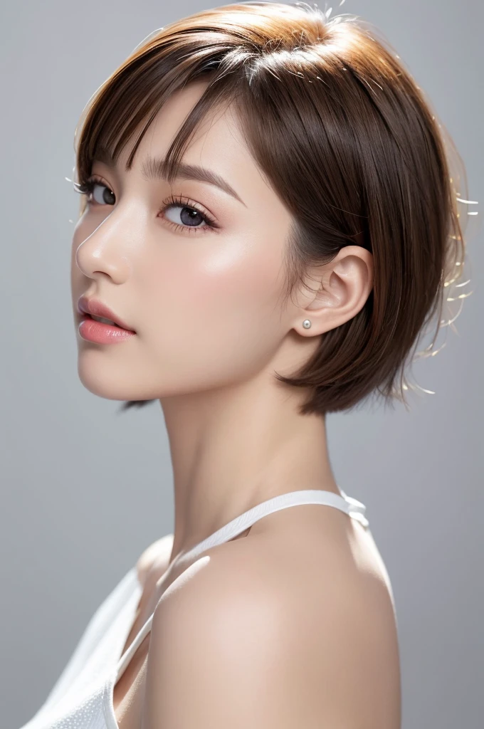 (Highest quality、Tabletop、8K、Best image quality、Award-winning works)、((profile:1.4))、ear、((short hair:1.46)),(Brown Hair)、(White casual clothes:1.2)、(The simplest pure white background:1.3)、(Perfectly fixed in front:1.1),(Portrait with Space:1.2)、Beautiful and exquisite、Perfect Makeup、Ultra-high definition beauty face、Ultra HD Hair、Ultra HD Shining Eyes、Super high quality glossy lip、Accurate anatomy、Very beautiful skin、(Pure white skin shining in ultra-high resolution:1.1)、(Very bright:1.2),Big Natural Color Lip、Lip gloss,Harajuku、cute、cute美人