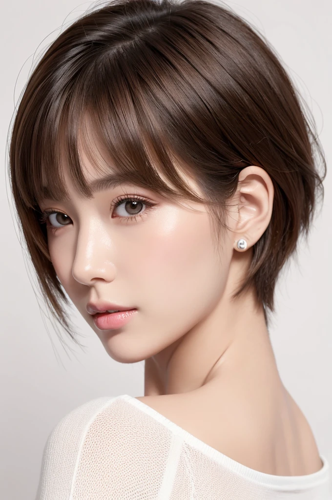 (Highest quality、Tabletop、8K、Best image quality、Award-winning works)、((profile:1.4))、ear、((short hair:1.46)),(Brown Hair)、(White casual clothes:1.2)、(The simplest pure white background:1.3)、(Perfectly fixed in front:1.1),(Portrait with Space:1.2)、Beautiful and exquisite、Perfect Makeup、Ultra-high definition beauty face、Ultra HD Hair、Ultra HD Shining Eyes、Super high quality glossy lip、Accurate anatomy、Very beautiful skin、(Pure white skin shining in ultra-high resolution:1.1)、(Very bright:1.2),Big Natural Color Lip、Lip gloss,Harajuku、cute、cute美人