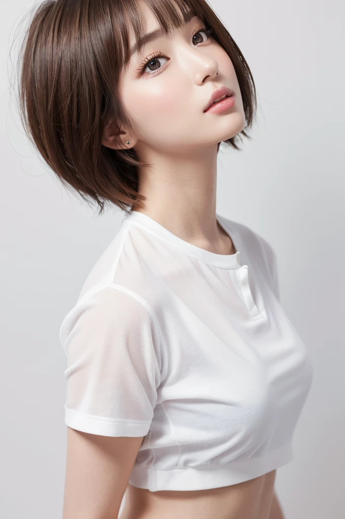 (Highest quality、Tabletop、8K、Best image quality、Award-winning works)、((profile:1.4))、ear、((short hair:1.46)),(Brown Hair)、(White casual clothes:1.2)、(The simplest pure white background:1.3)、(Perfectly fixed in front:1.1),(Portrait with Space:1.2)、Beautiful and exquisite、Perfect Makeup、Ultra-high definition beauty face、Ultra HD Hair、Ultra HD Shining Eyes、Super high quality glossy lip、Accurate ???????、Very beautiful skin、(Pure white skin shining in ultra-high resolution:1.1)、(Very bright:1.2),Big Natural Color Lip、Lip gloss,Harajuku、cute、cute美人