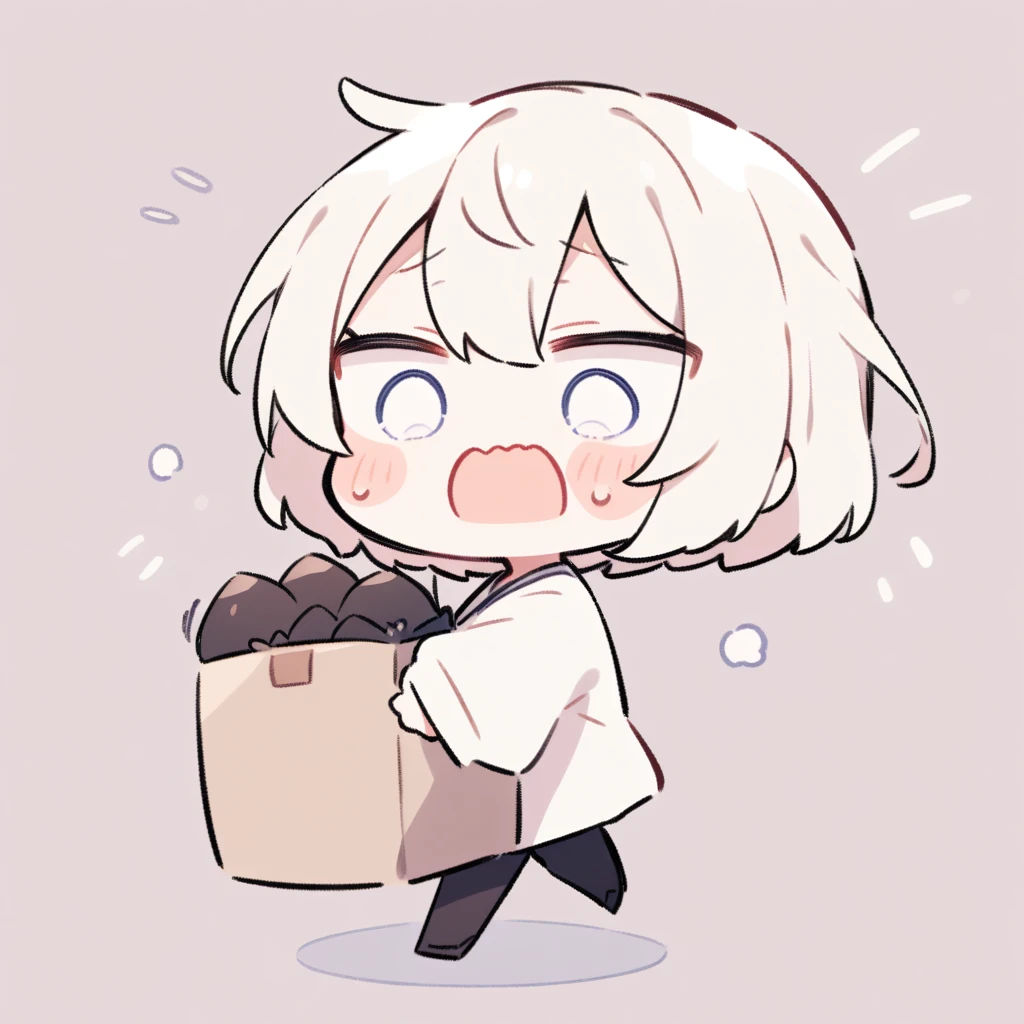 1boy, Chibi, Carrying A Box, Scared Expression