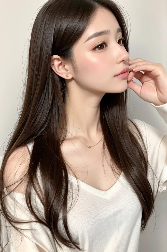 (Highest quality、Tabletop、8K、Best image quality、Award-winning works)、((profile:1.4))、ear、((Long Hair:1.46)),(Brown Hair)、(White casual clothes:1.2)、(The simplest pure white background:1.3)、(Perfectly fixed in front:1.1),(Portrait with Space:1.2)、Beautiful and exquisite、Perfect Makeup、Ultra-high definition beauty face、Ultra HD Hair、Ultra HD Shining Eyes、Super high quality glossy lip、Accurate anatomy、Very beautiful skin、(Pure white skin shining in ultra-high resolution:1.1)、(Very bright:1.2),Big Natural Color Lip、Lip gloss,Harajuku、cute、cute美人