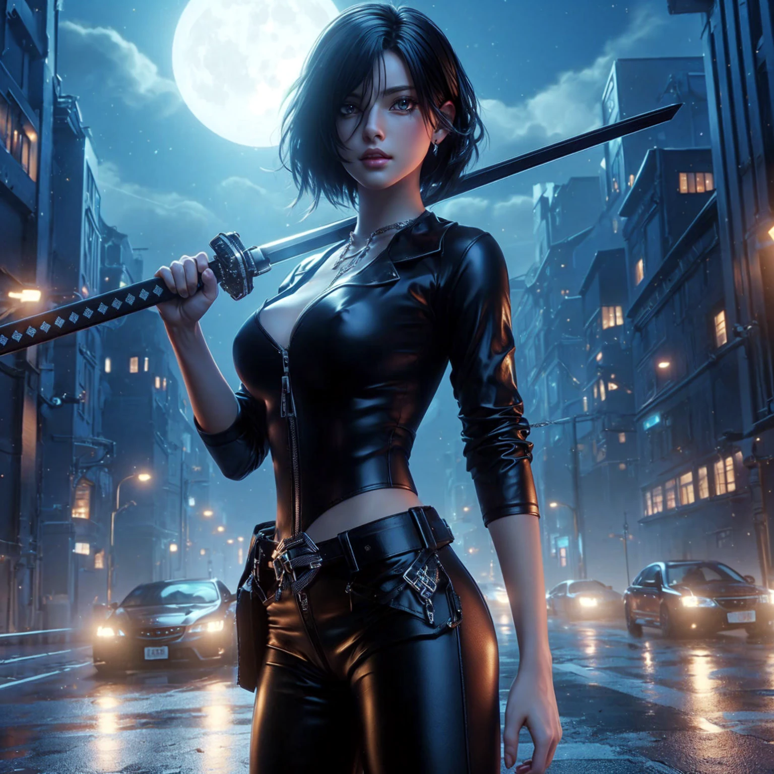 Woman, black hair, tight black leather outfit. , , , ,Anime,realistically