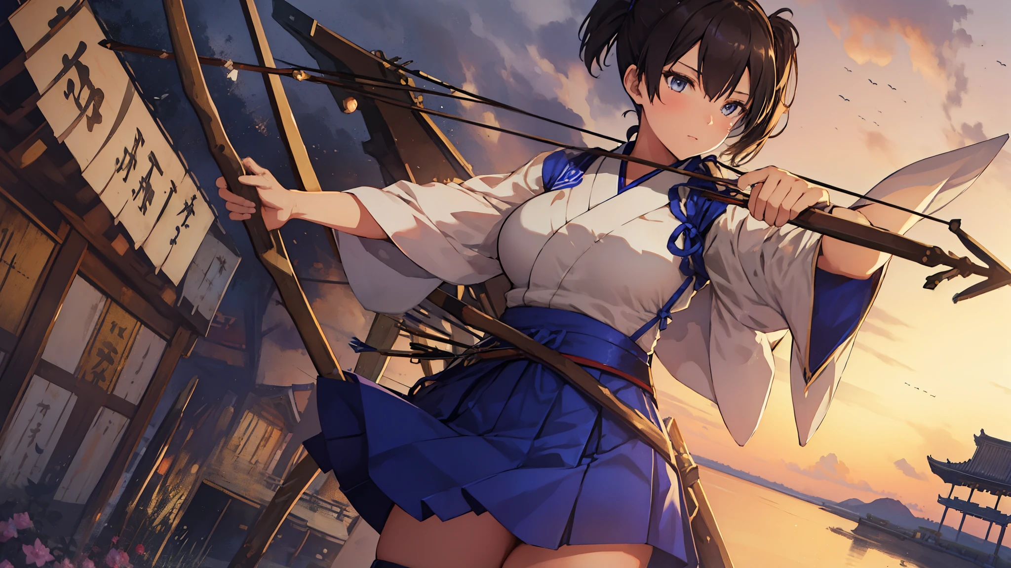 Kaga(Fleet Collection),highest quality, masterpiece, High resolution,kimono,blue skirt,side ponytail,big_breasts,solo,Japanese_bow&arrow,dynamic_posing,half_eyes,solo,plump,
