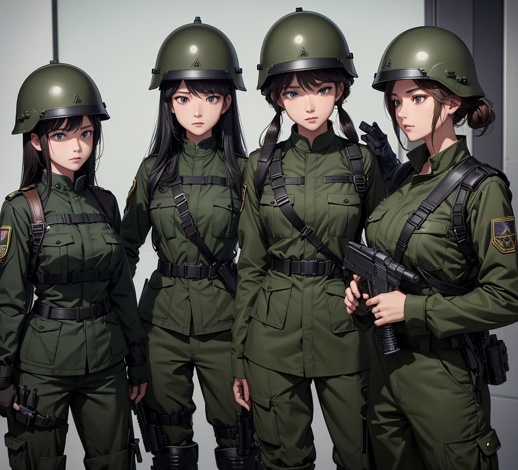 A group of female soldiers wearing all Deep blackish green military uniforms,Full helmet、Military Pants、Individual equipment set、Alert with guns,Write details、masterpiece、best quality、Highly detailed CG、8K picture quality