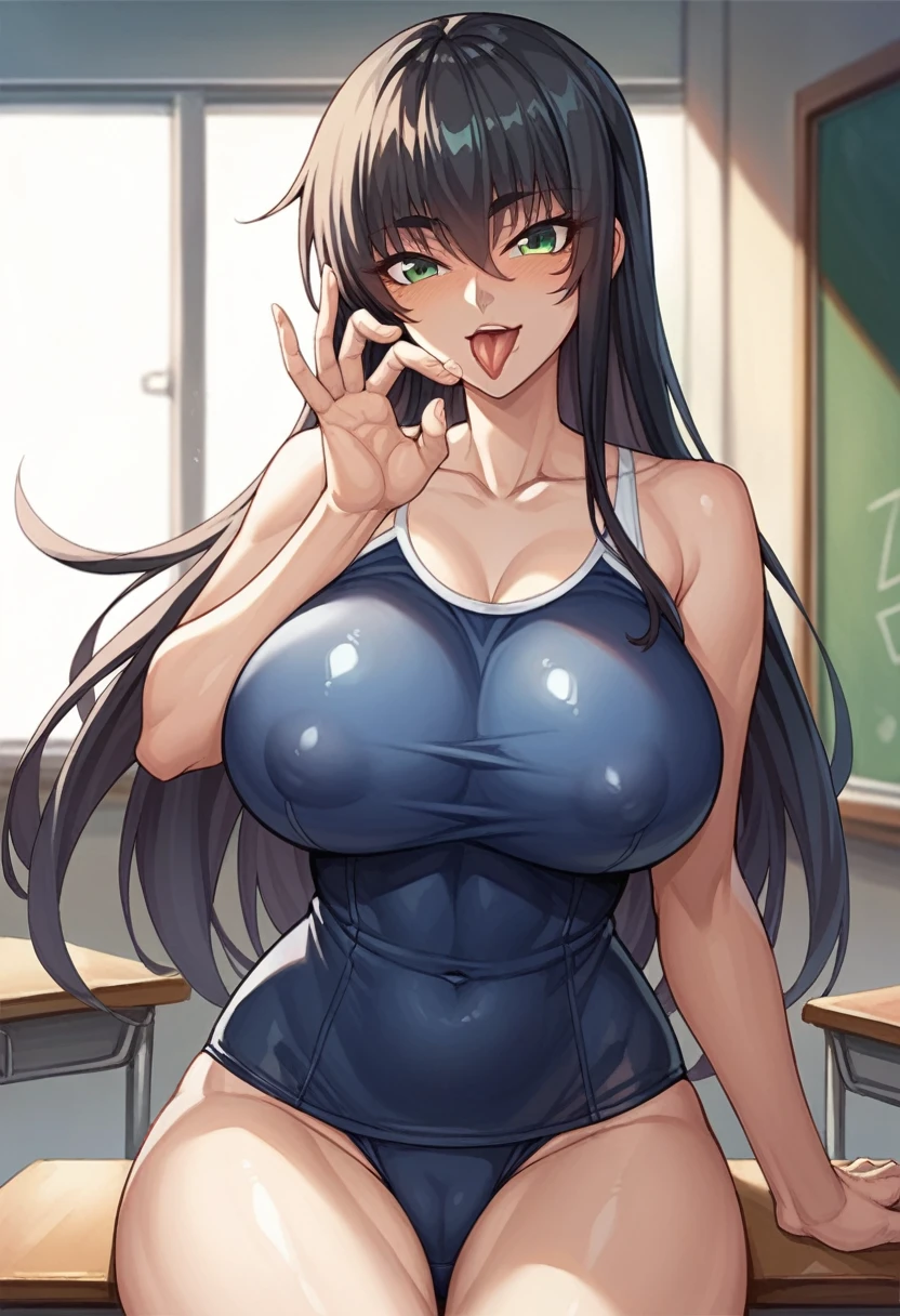 Taimanin Asagi、Asagi Igawa、Black Hair、Green Eyes、Long Hair、Huge breasts、School Swimsuit、smile、School、classroom、、Open neck．The neck is open、Licking gesture