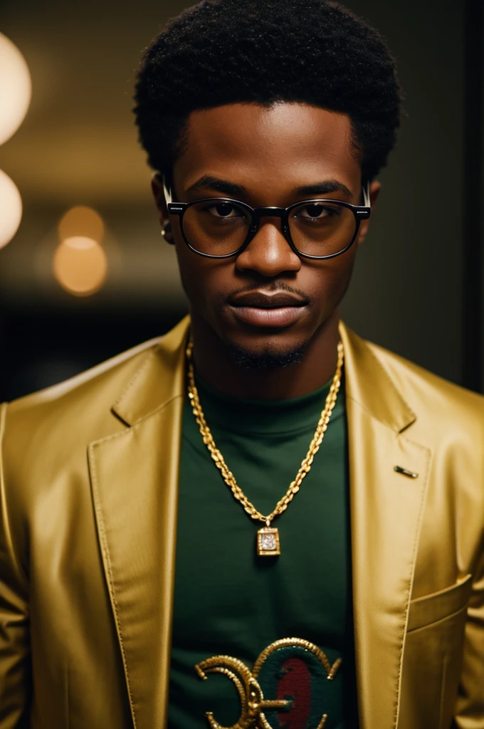 young black men wearing gucci with gold diamonds glasses , 4:3, photo 12k resolution hash flash lighting, shot on ALEXA 65, Velvia 100 , underexposed, Voigtlnder Nokton 50mm f1.1, in the style of Martin Nikon Z 8 with Zoom Lens | with 24-120mm