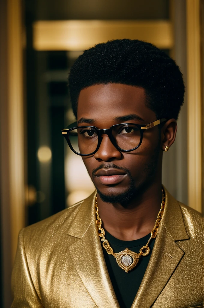 young black men wearing gucci with gold diamonds glasses , 4:3, photo 12k resolution hash flash lighting, shot on ALEXA 65, Velvia 100 , underexposed, Voigtlnder Nokton 50mm f1.1, in the style of Martin Nikon Z 8 with Zoom Lens | with 24-120mm