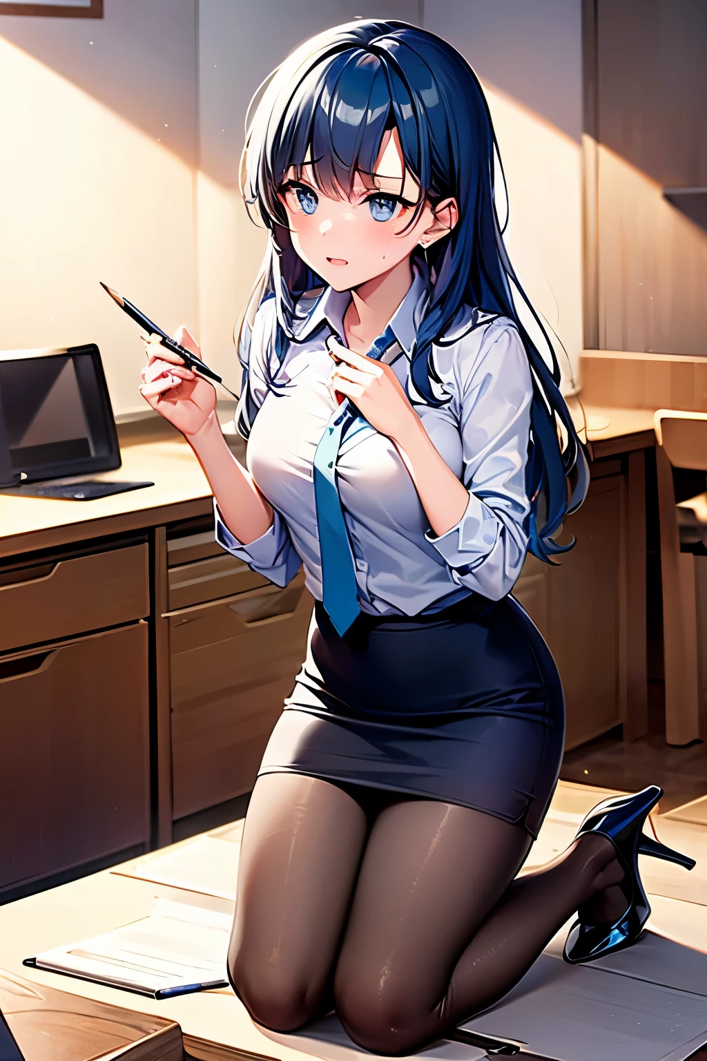 Highest quality, (masterpiece:1.2), Very detailed, 
One girl, alone,
View your viewers, Embarrassed expression, Medium chest, 
Light blue eyes, Blue Hair, Eyes without light、Medium-long hair、Permed hair、((pantyhose))、Bedroom、((office worker))、((Pencil Skirt))、(mini skirt)、((High heels))、(Kneeling)