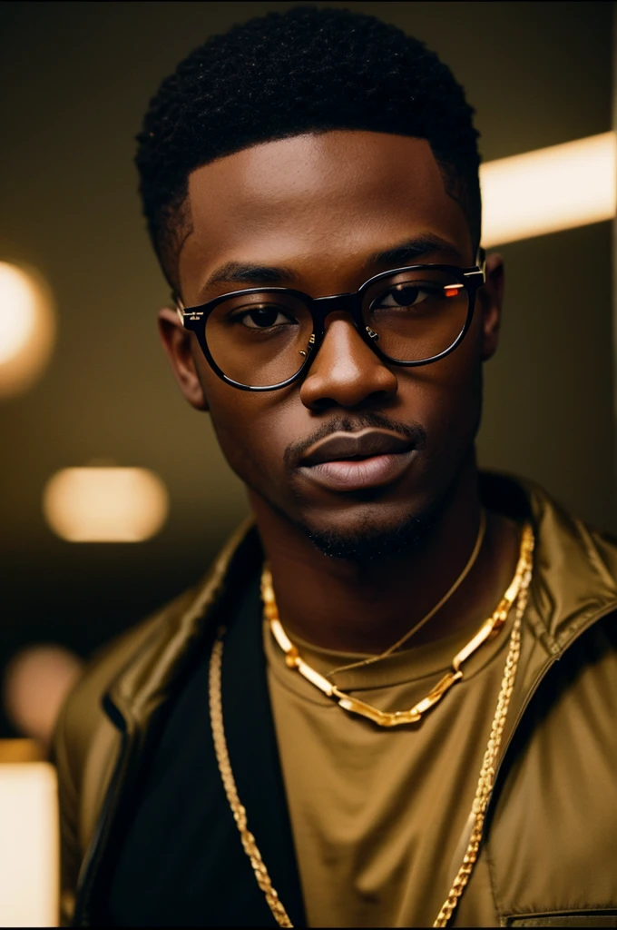 young black men wearing gucci with gold diamonds glasses , 4:3, photo 12k resolution hash flash lighting, shot on ALEXA 65, Velvia 100 , underexposed, Voigtlnder Nokton 50mm f1.1, in the style of Martin Nikon Z 8 with Zoom Lens | with 24-120mm