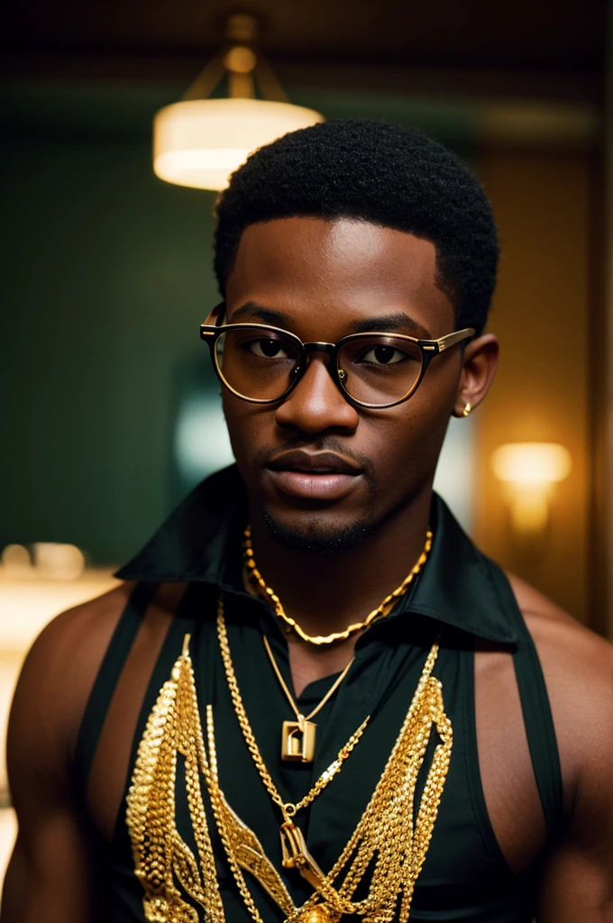 young black men wearing gucci with gold diamonds glasses , 4:3, photo 12k resolution hash flash lighting, shot on ALEXA 65, Velvia 100 , underexposed, Voigtlnder Nokton 50mm f1.1, in the style of Martin Nikon Z 8 with Zoom Lens | with 24-120mm